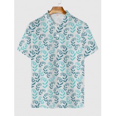 Full-Print Abstract Hawaiian Art Natural Leaves Printing Men‘s Short Sleeve Polo