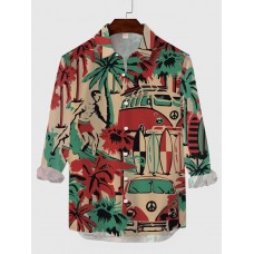 Men's Retro Leisure Vacation Style Coconut Tree Car Printing Men's Long Sleeve Shirt