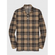 Fashion Brown Retro Plaid Printing Men‘s Long Sleeve Polo