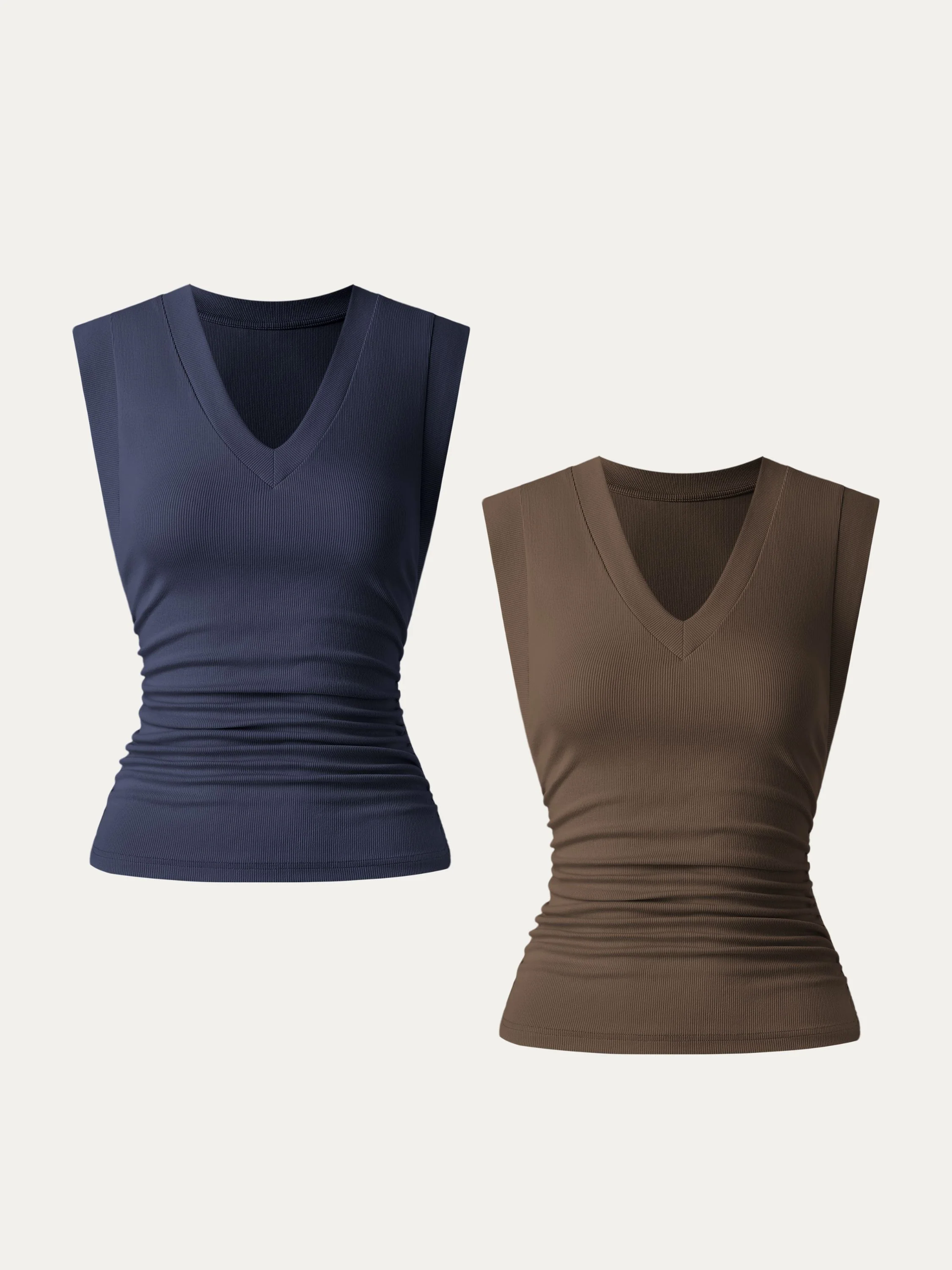 2Pcs Set Stretch Cotton V-neck Side Ruched Muscle Tee 2Pcs Set Stretch Cotton V-neck Side Ruched Muscle Tee