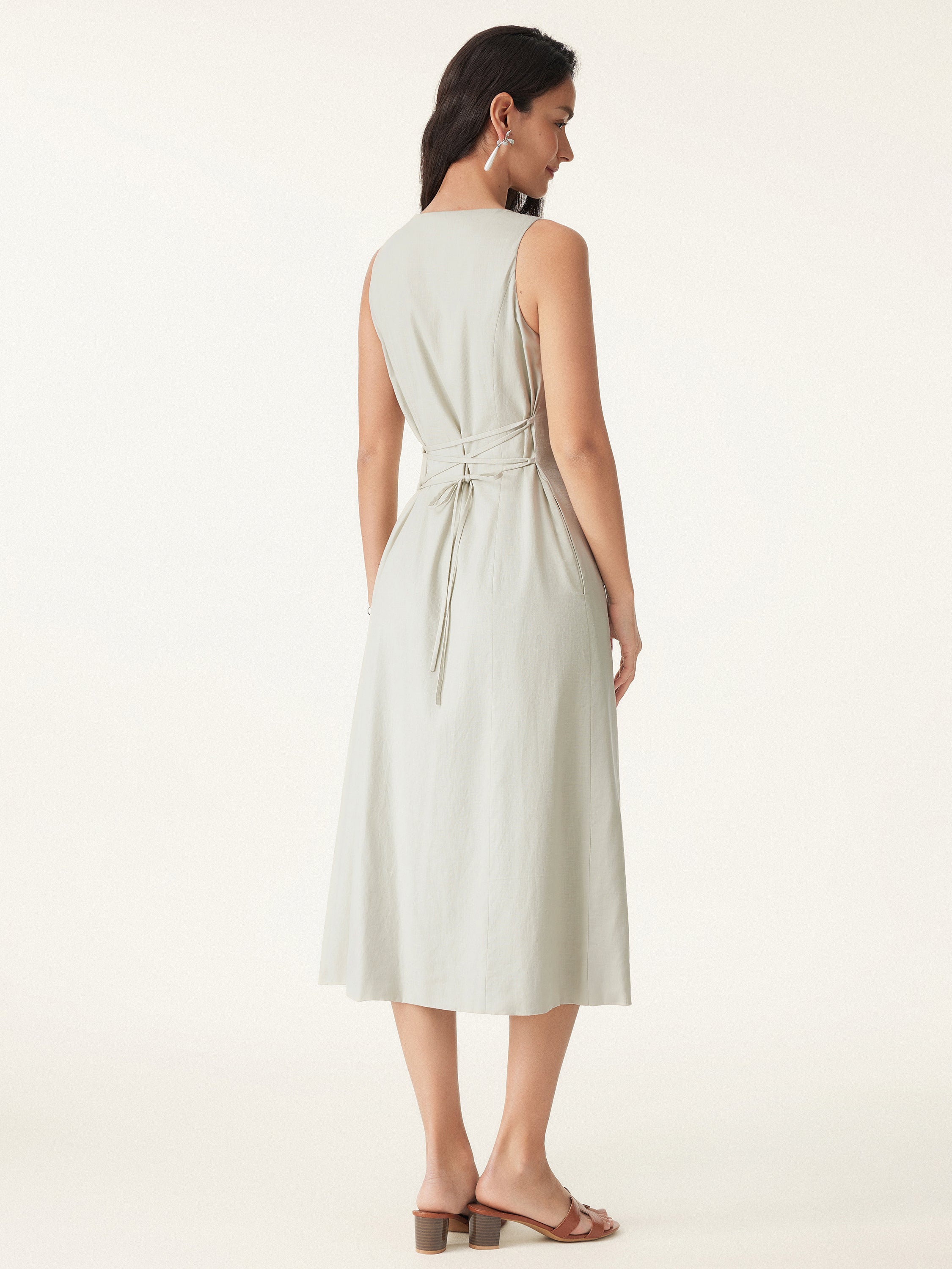 European Linen Waist-cinch Boatneck Button-up Midi Dress with Pockets