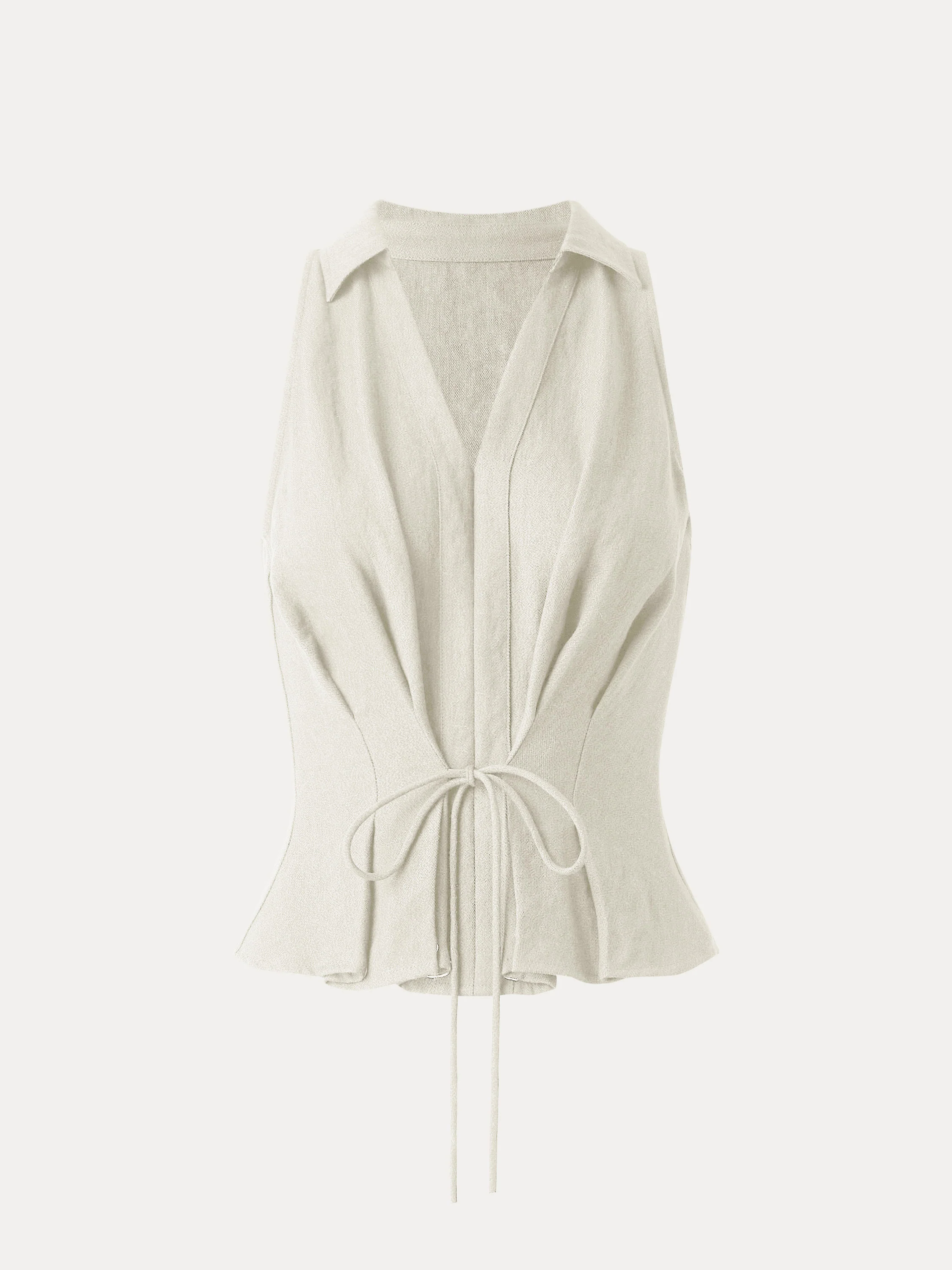 Collared V-neck Pleated Sleeveless Top with Drawstring
