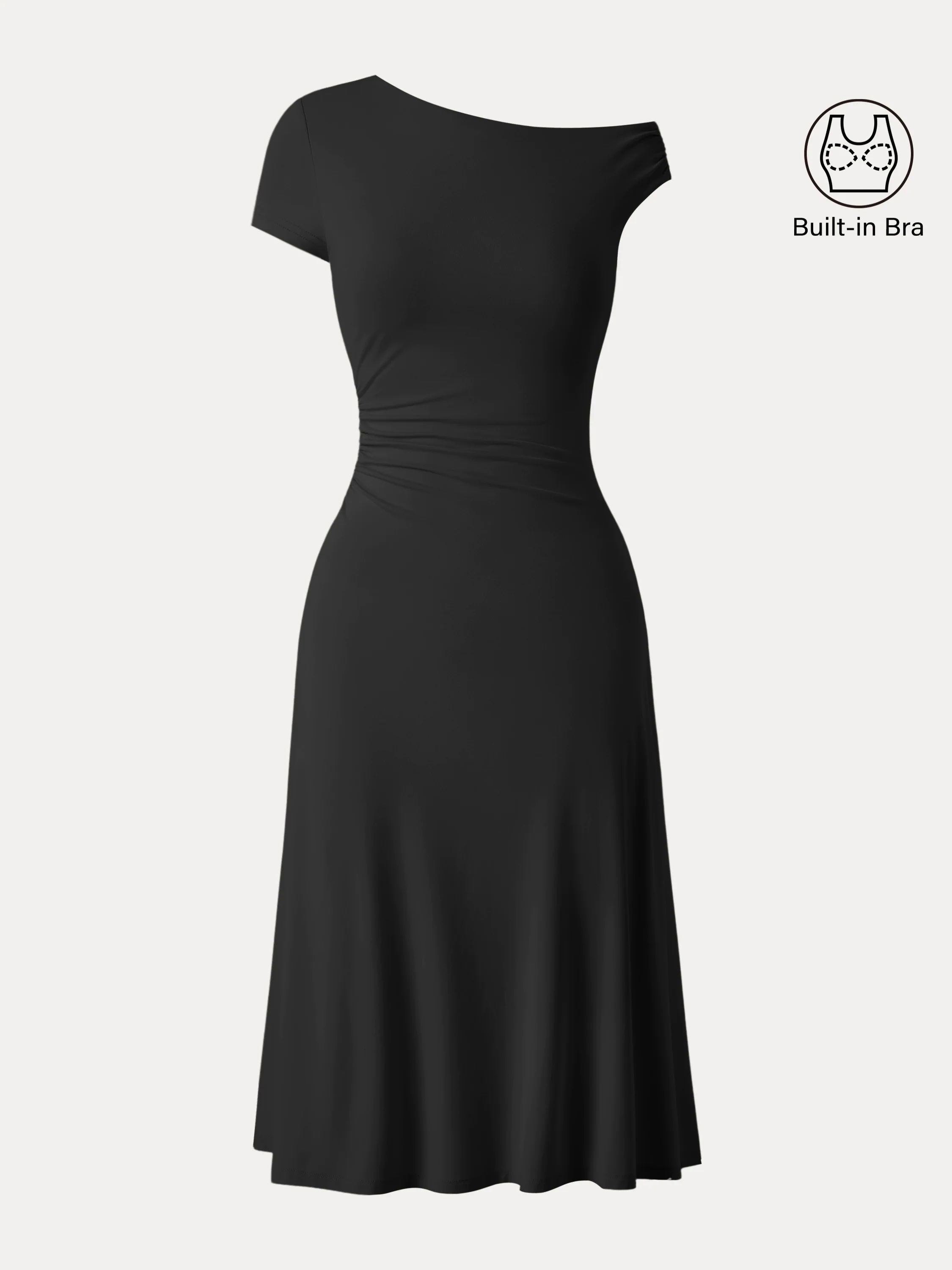 Asymmetrical Shoulder Side Ruched Midi Brami Dress