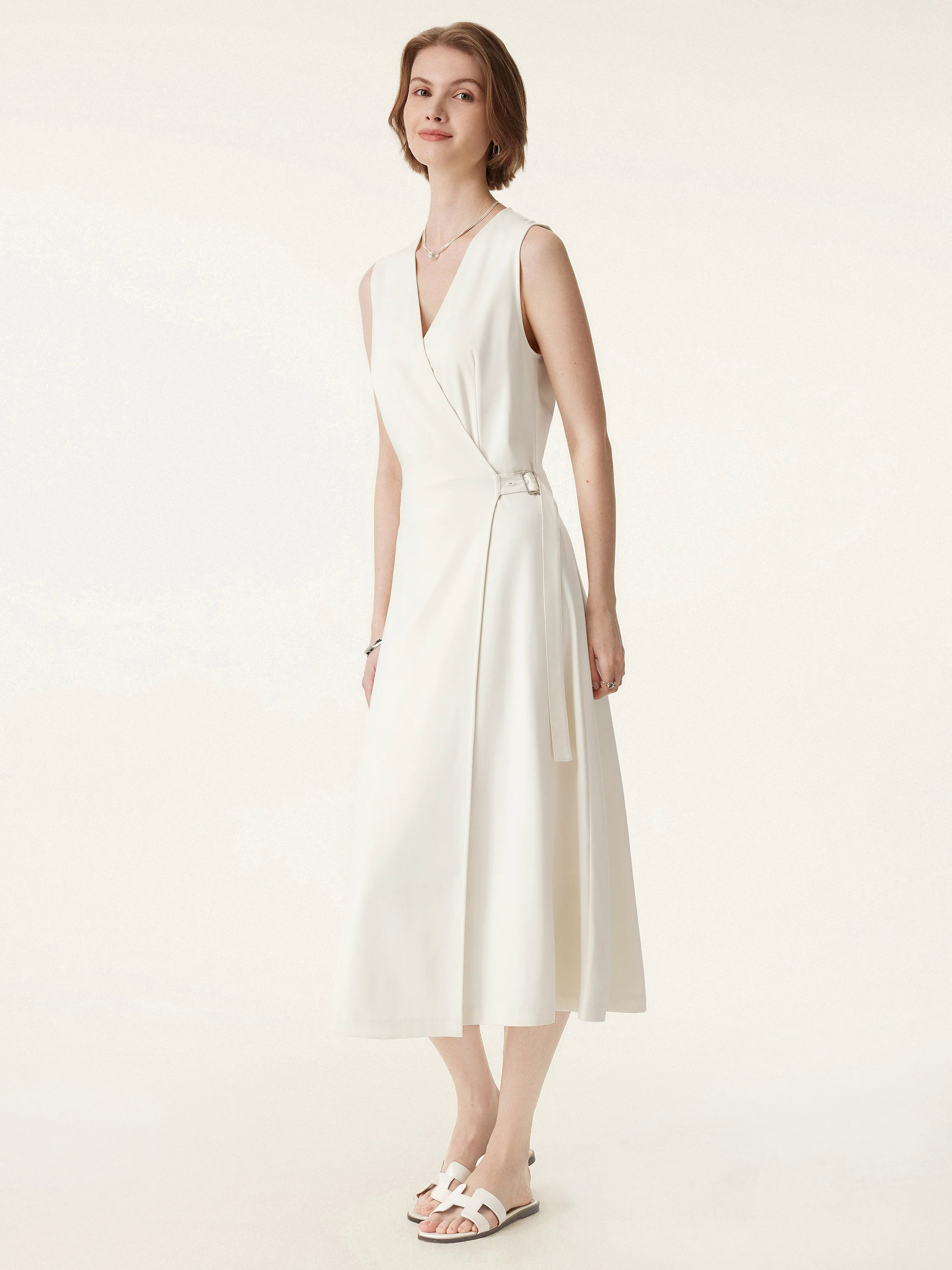 Surplice Adjustable Side-belt Midi Dress