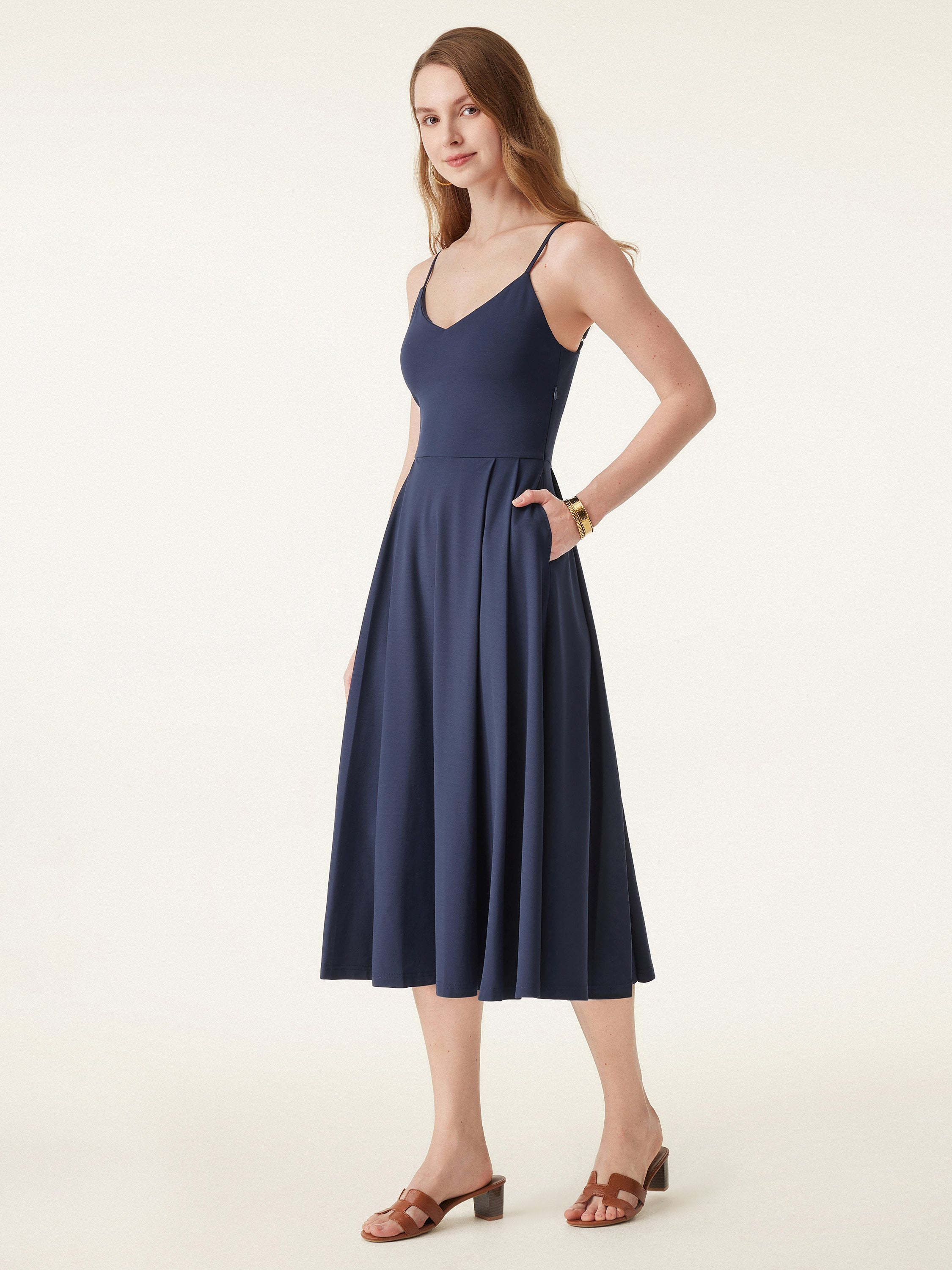 Bamboo Ponte V-neck Fit-and-flare Midi Brami Sundress with Pockets Bamboo Ponte V-neck Fit-and-flare Midi Brami Sundress with Pockets