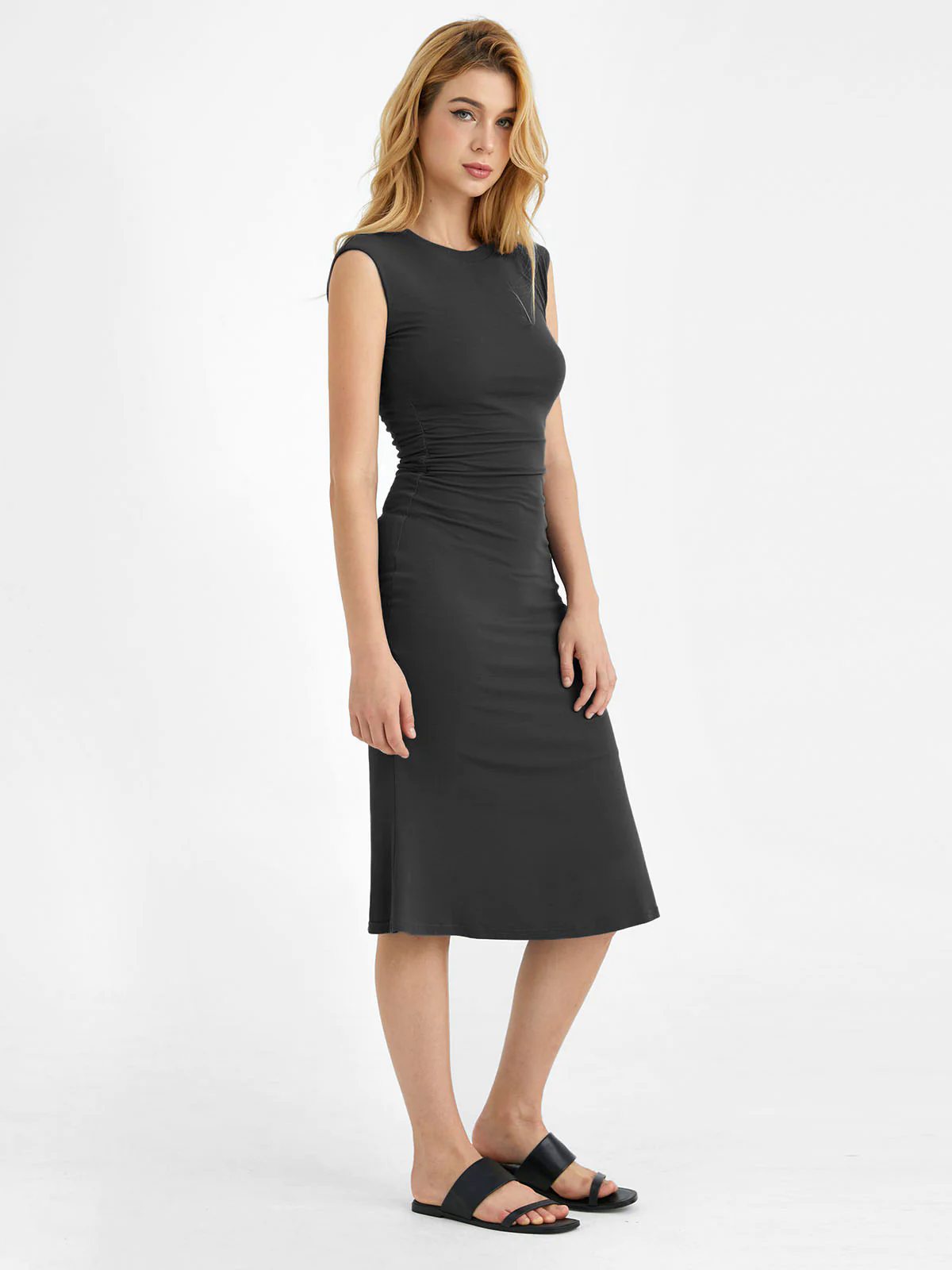 Ruched Side Wide Shoulder Crew Midi Dress