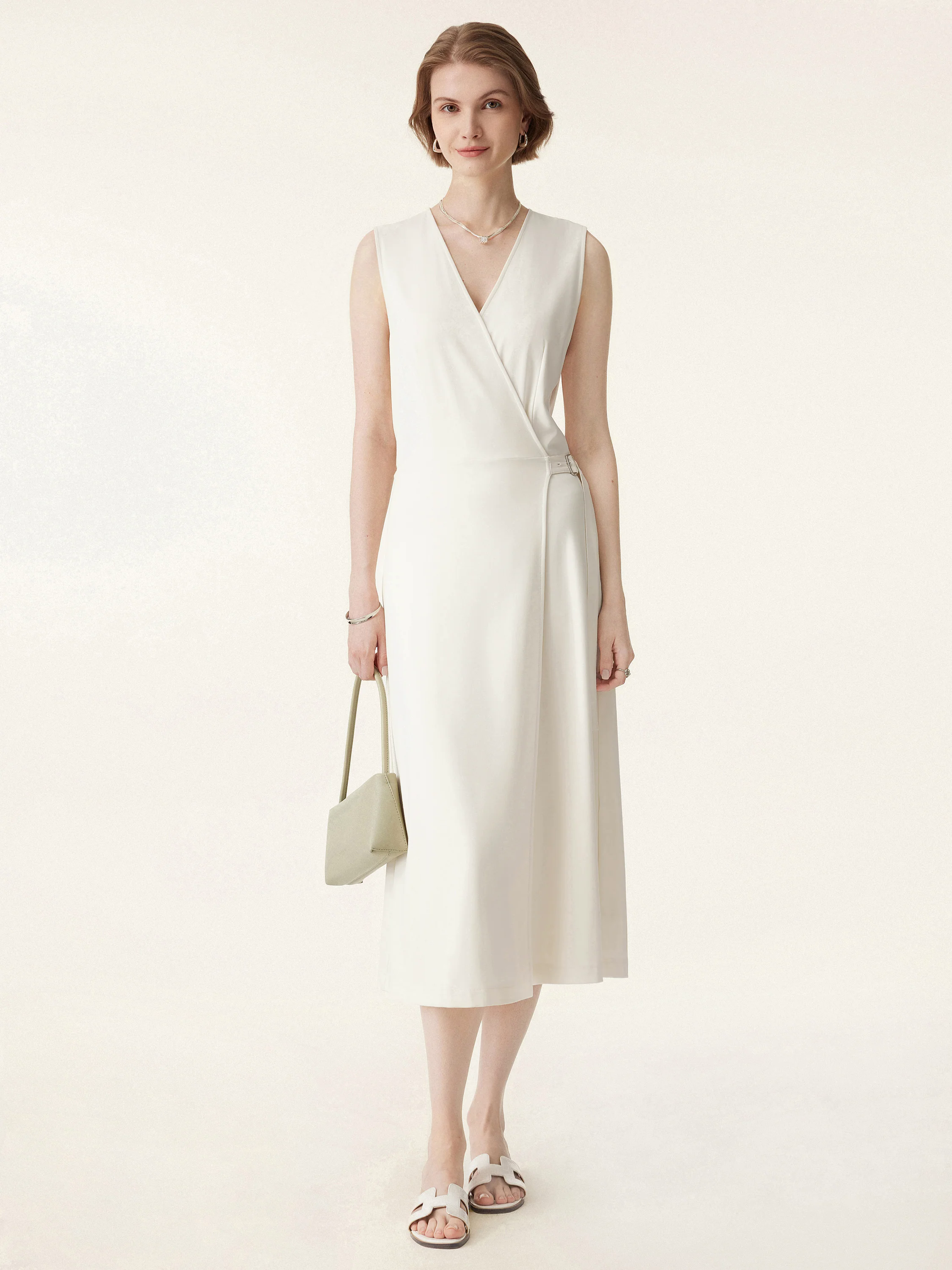 Surplice Adjustable Side-belt Midi Dress