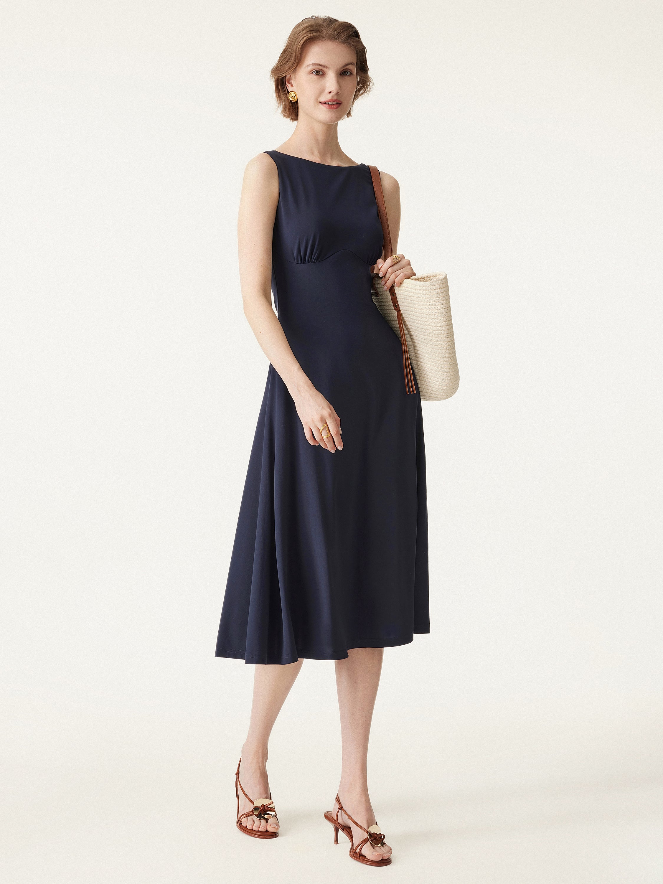 Boatneck Flared Midi Brami Dress with Pockets