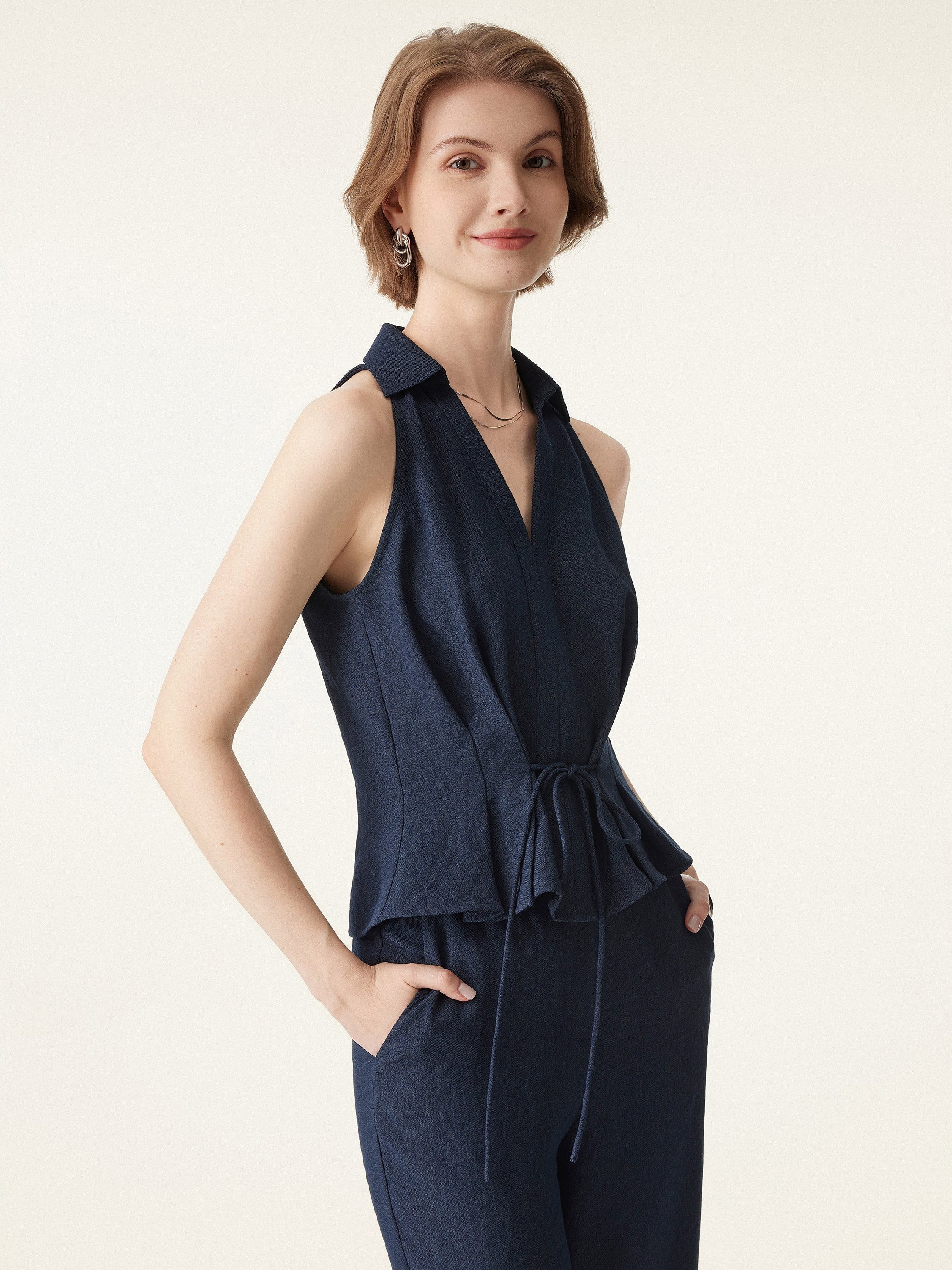 Collared V-neck Pleated Sleeveless Top with Drawstring