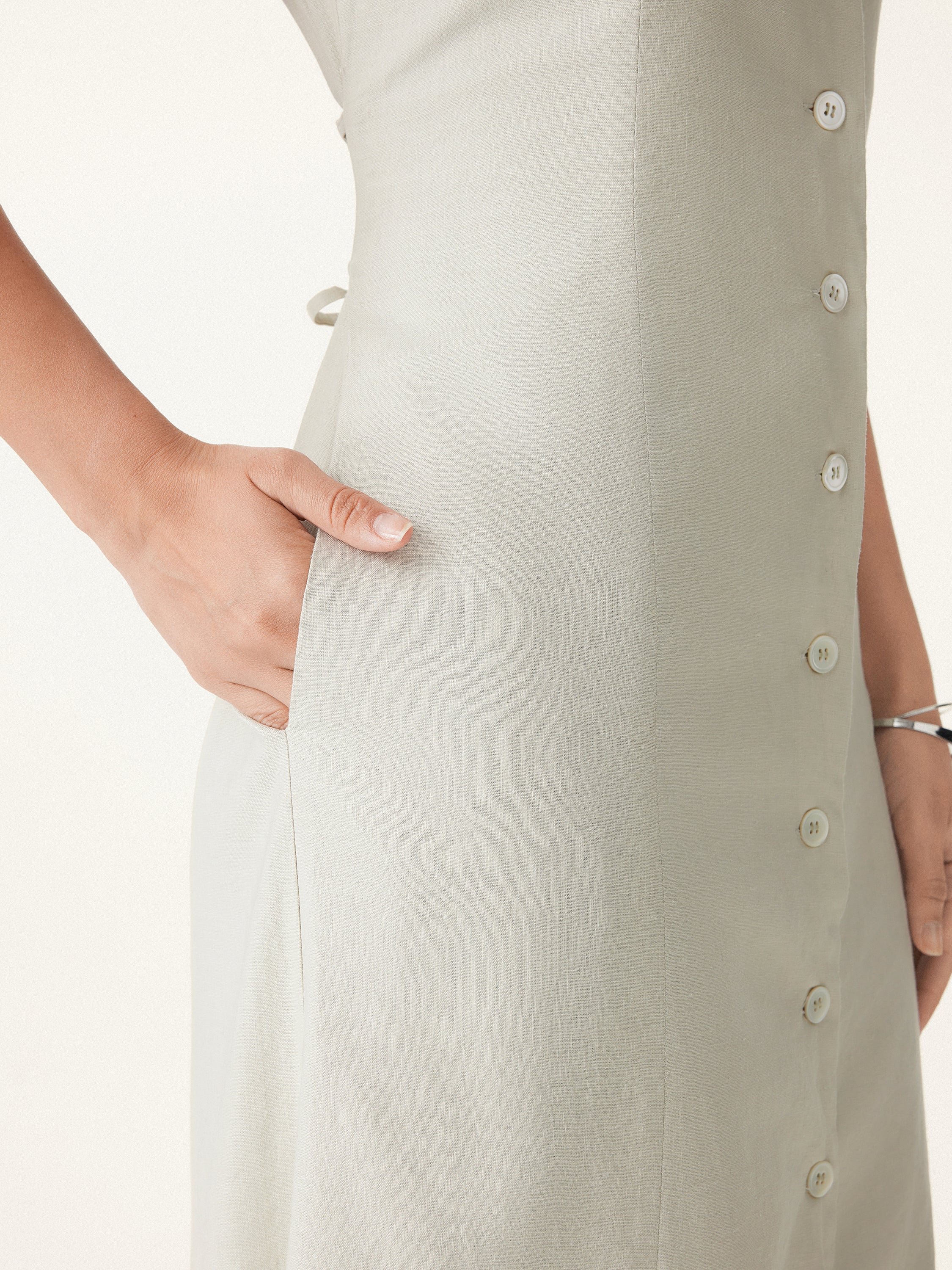 European Linen Waist-cinch Boatneck Button-up Midi Dress with Pockets