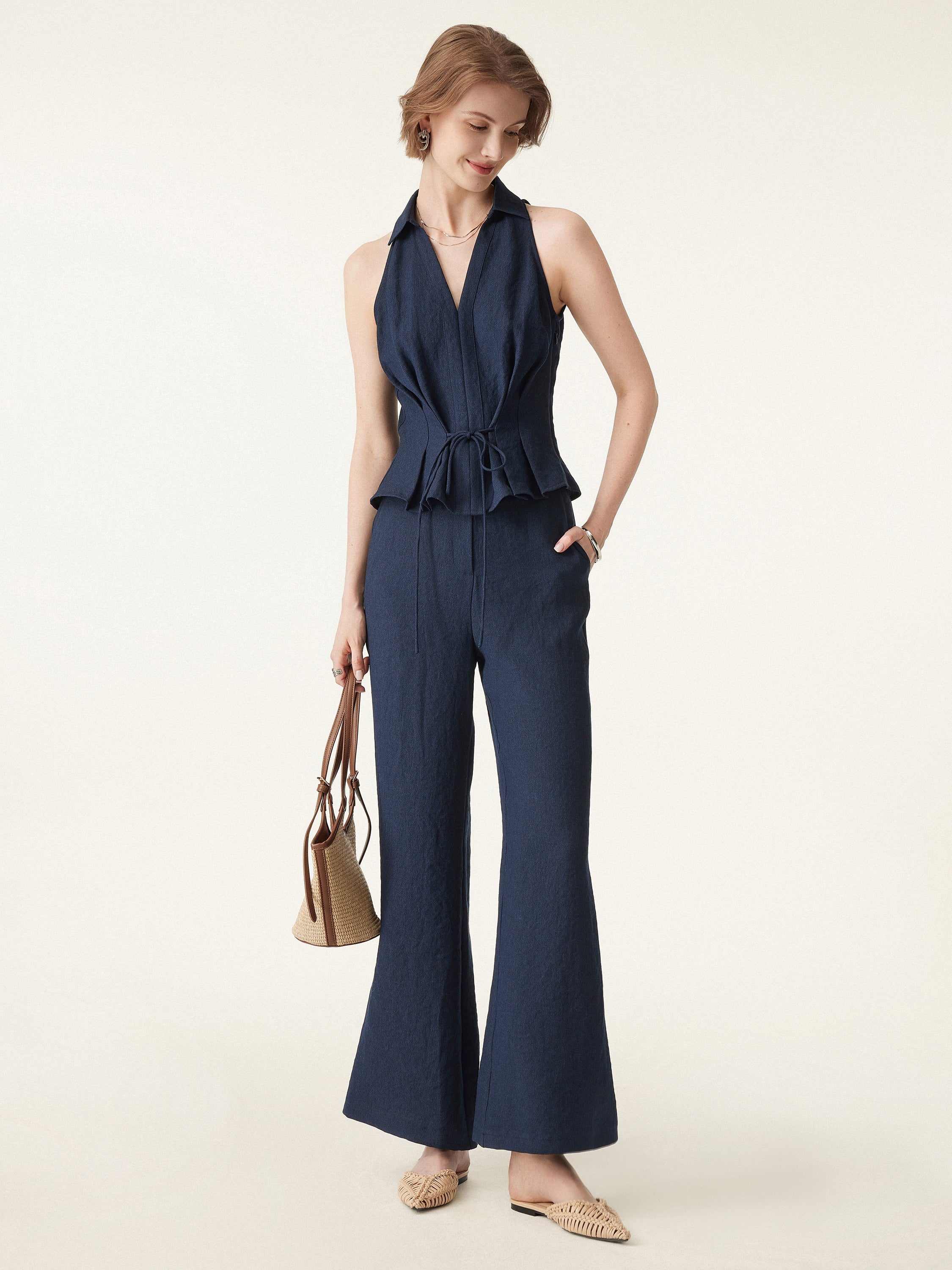 Collared V-neck Pleated Sleeveless Top with Drawstring