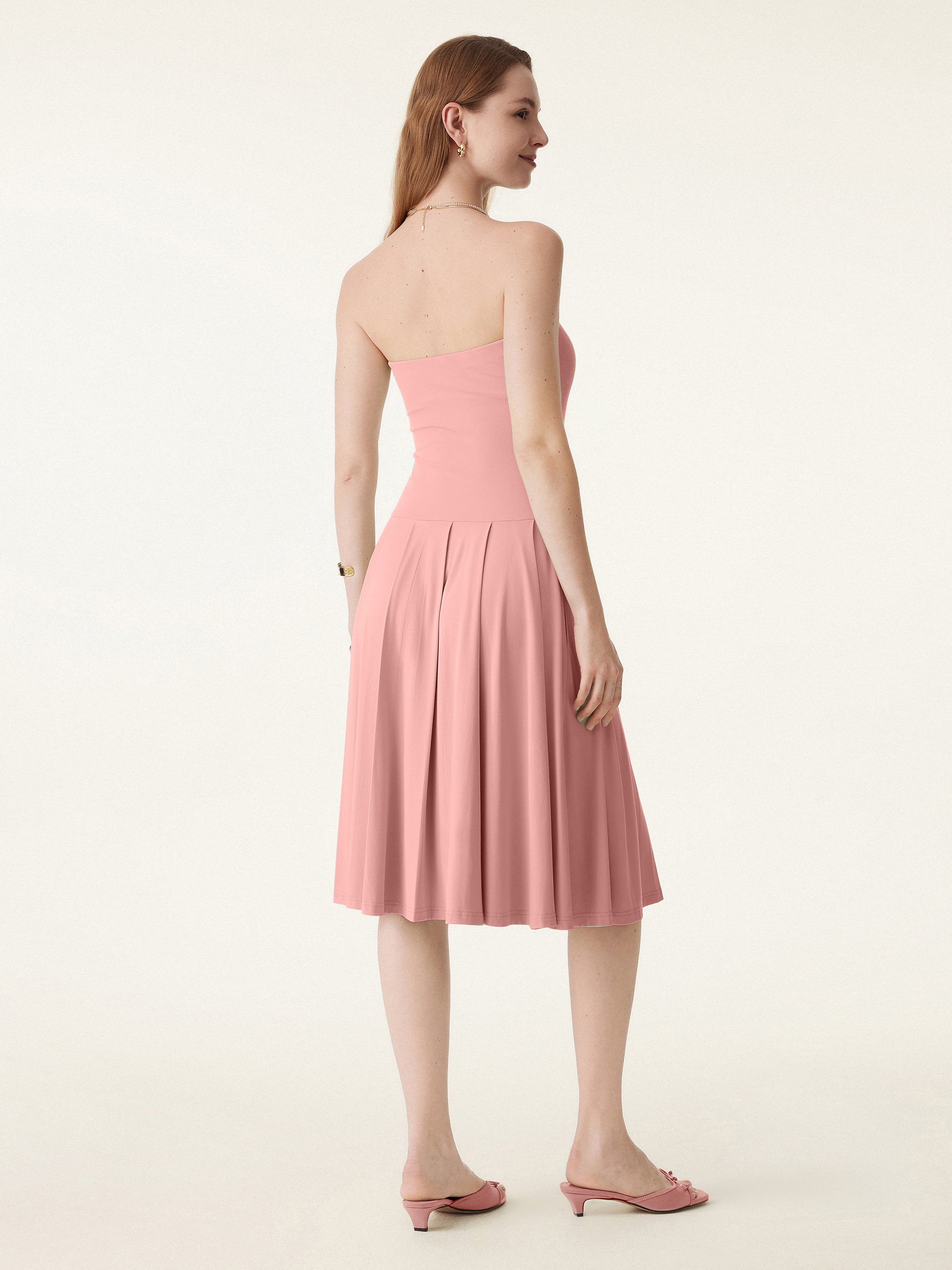 Strapless Pleated Midi Tube Brami Dress with Pockets