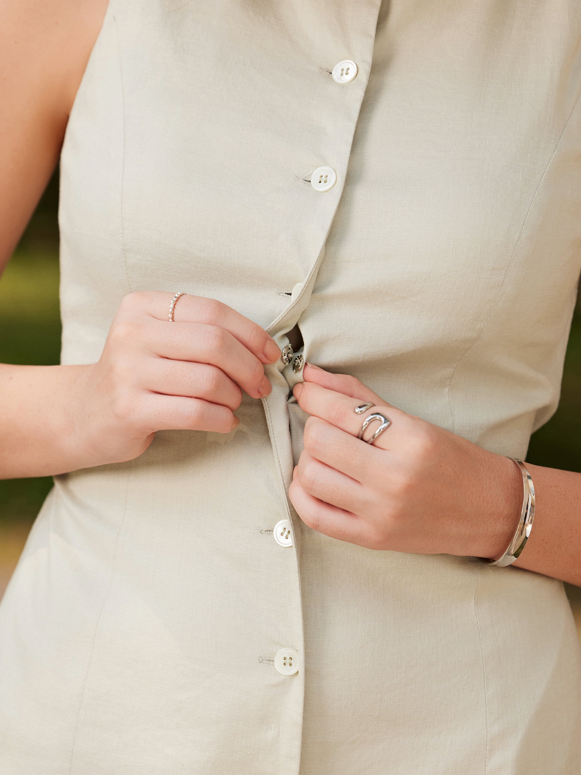 European Linen Waist-cinch Boatneck Button-up Midi Dress with Pockets