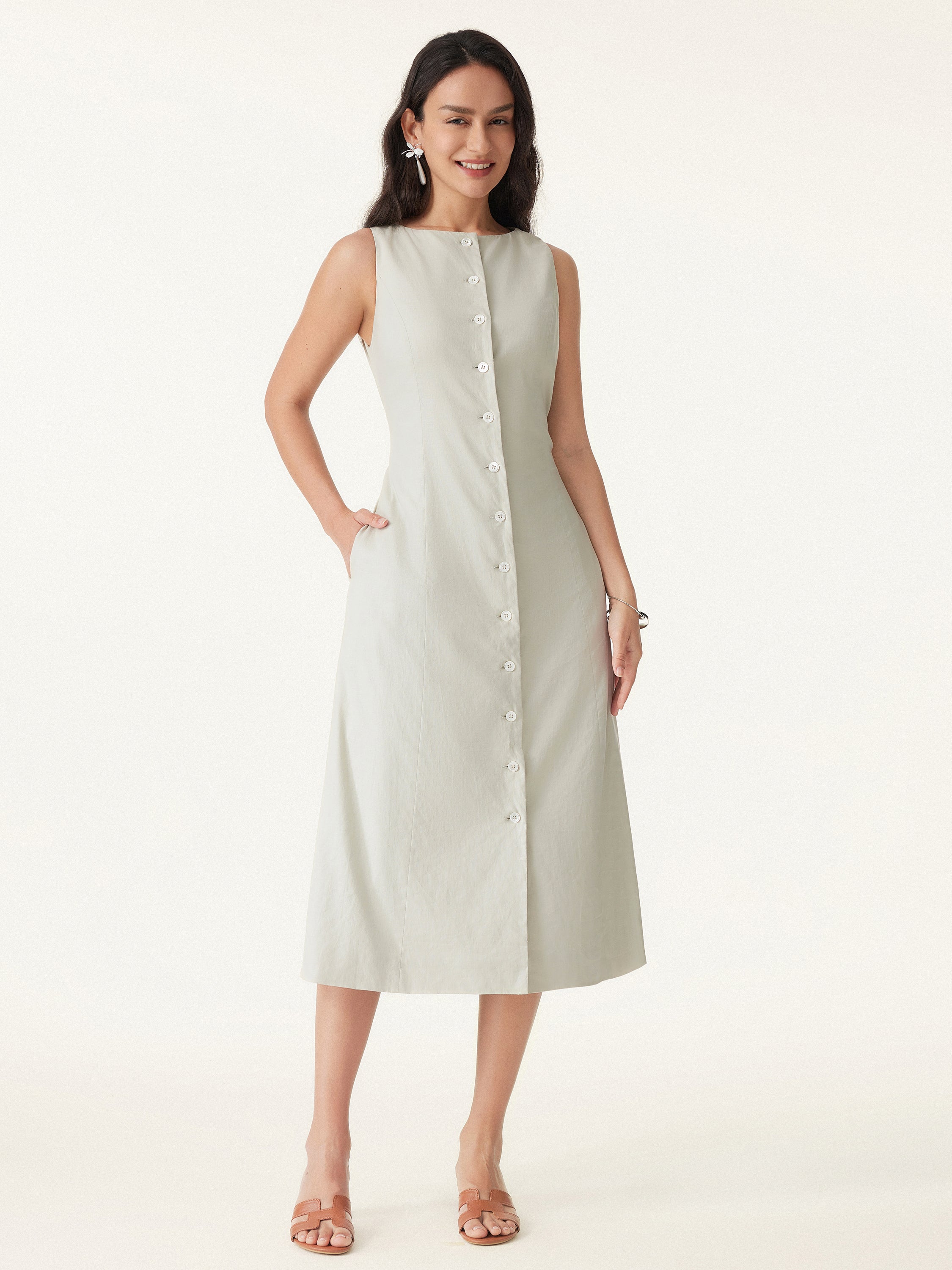 European Linen Waist-cinch Boatneck Button-up Midi Dress with Pockets