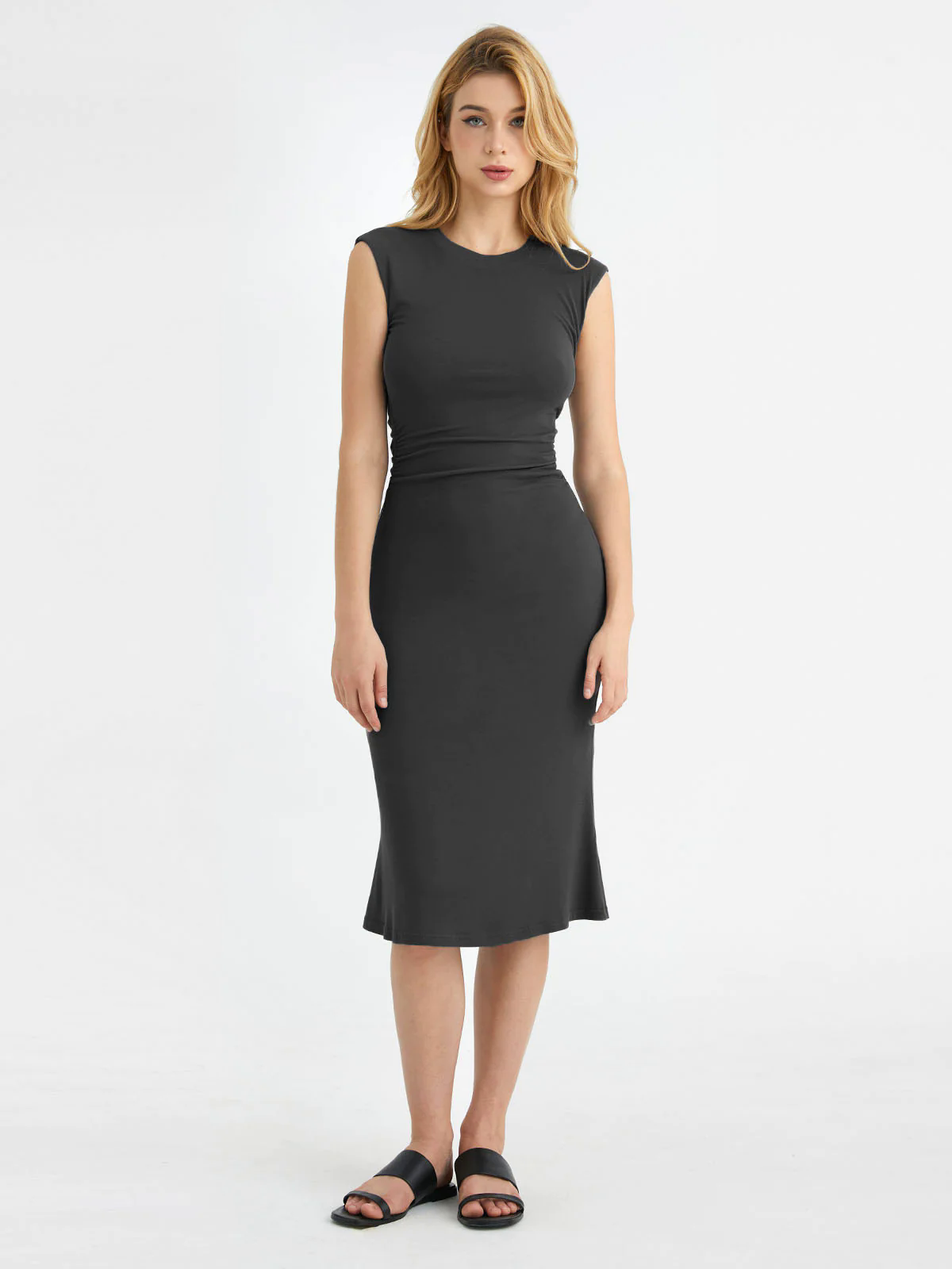 Ruched Side Wide Shoulder Crew Midi Dress