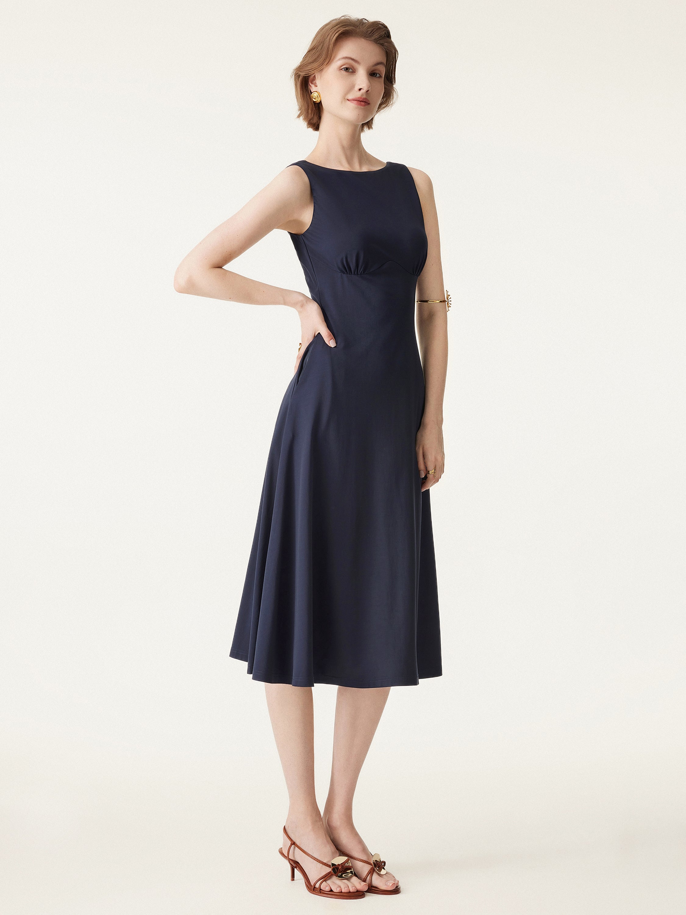 Boatneck Flared Midi Brami Dress with Pockets