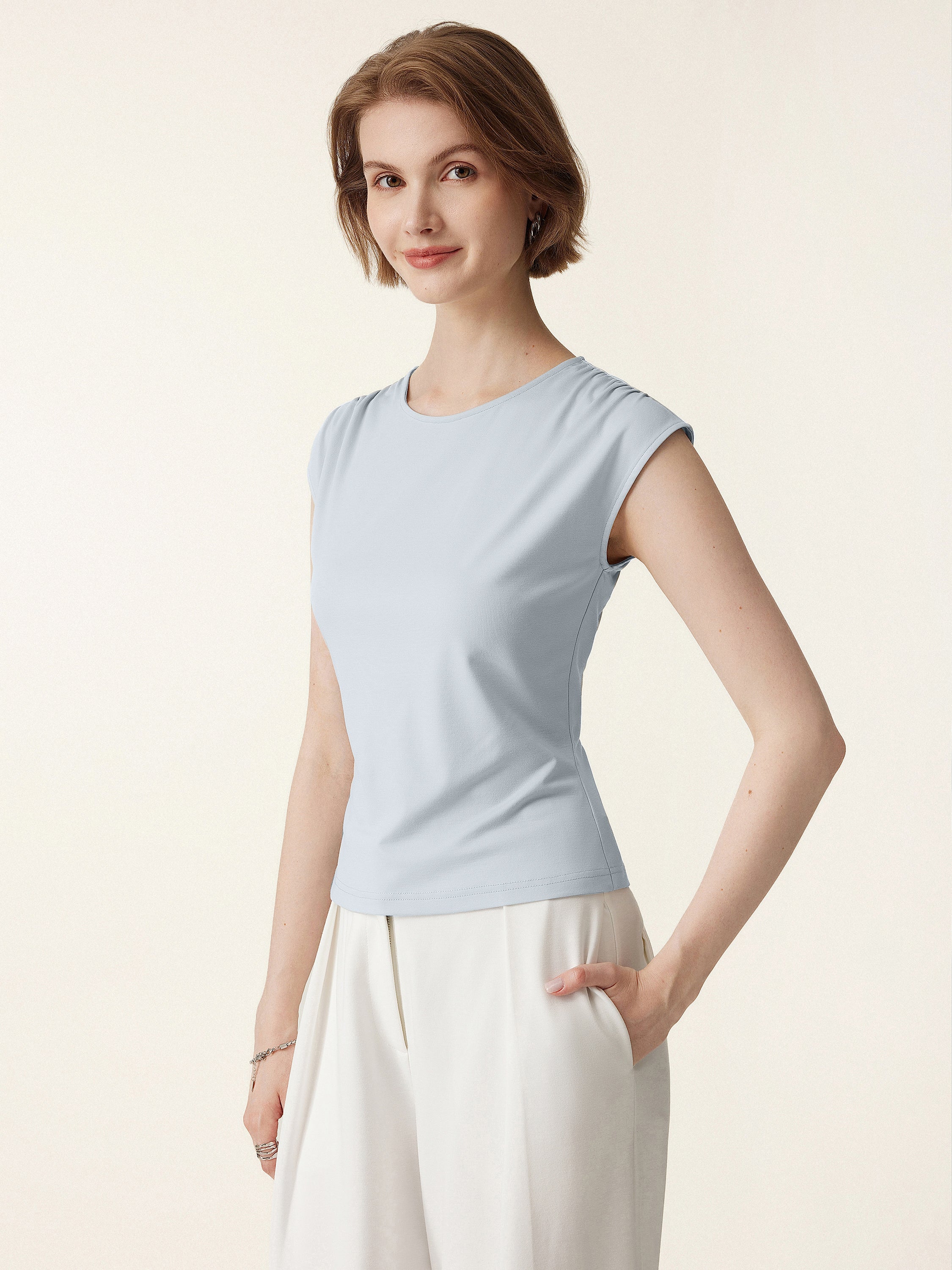 Crewneck Ruched Shoulder Muscle Tank