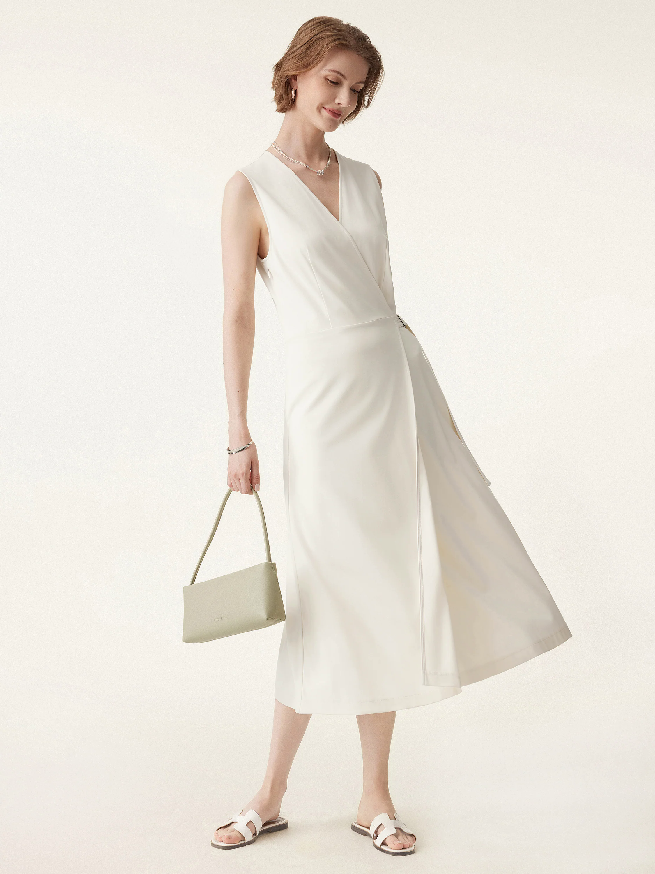 Surplice Adjustable Side-belt Midi Dress