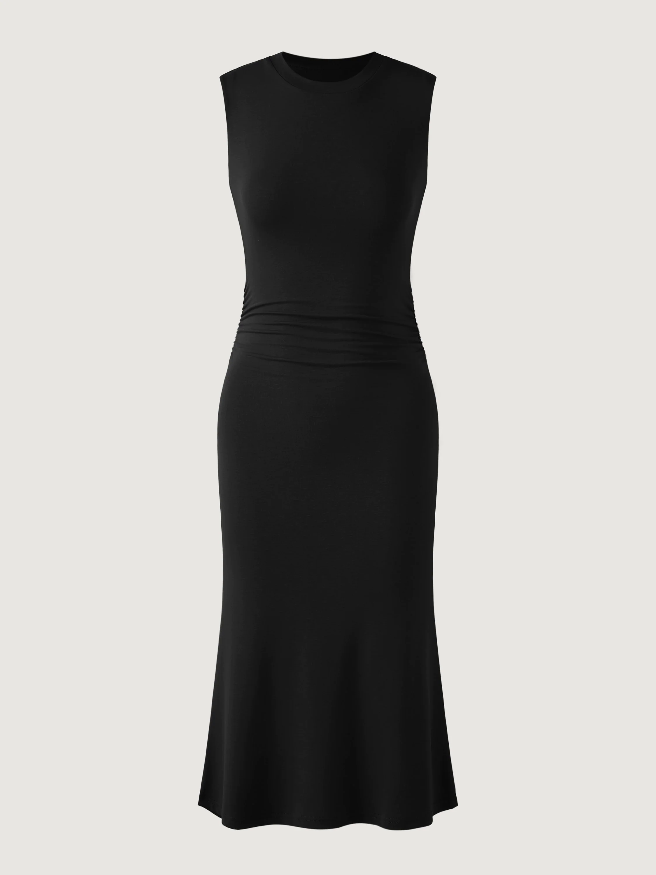 Ruched Side Wide Shoulder Crew Midi Dress