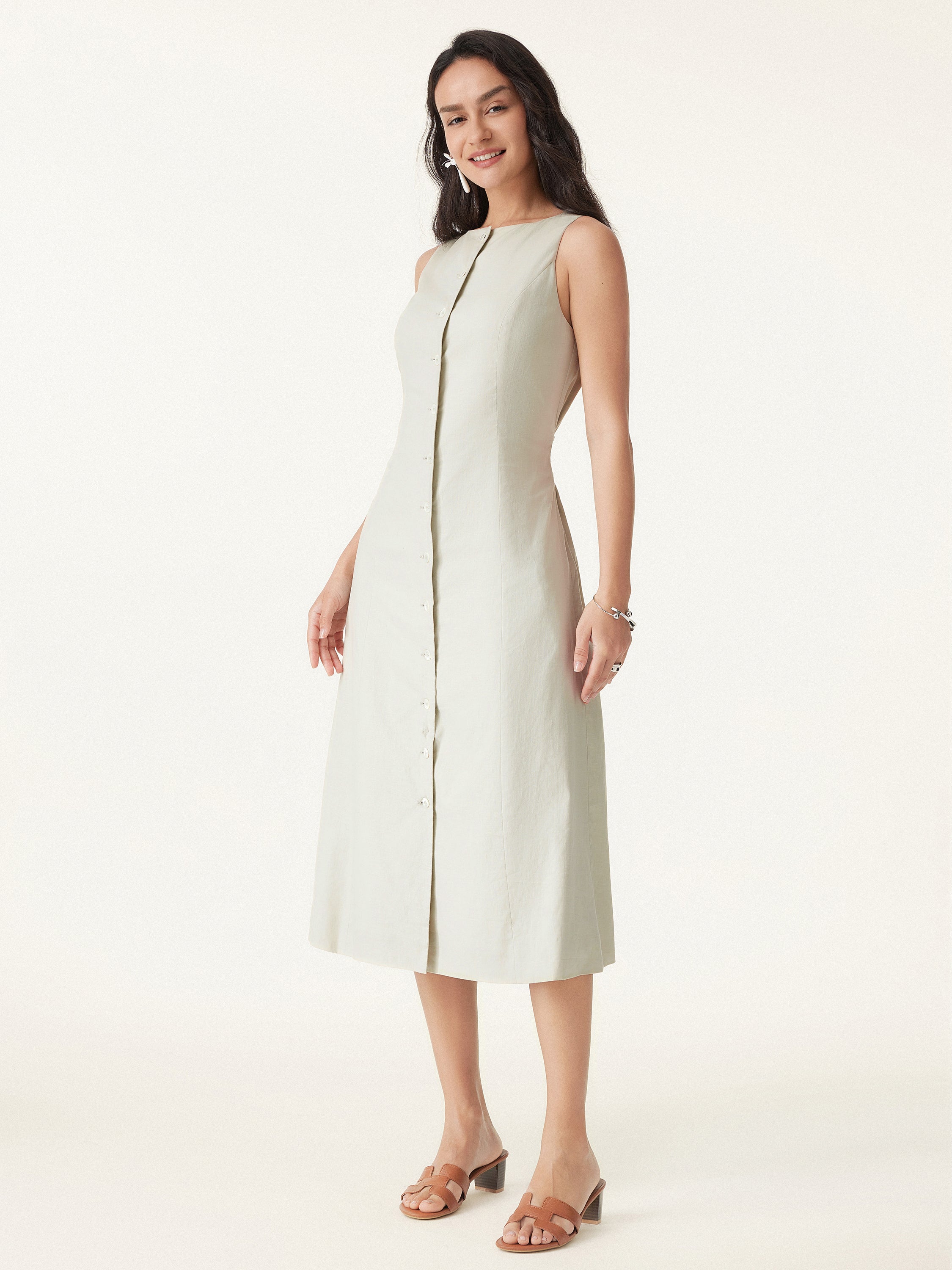 European Linen Waist-cinch Boatneck Button-up Midi Dress with Pockets
