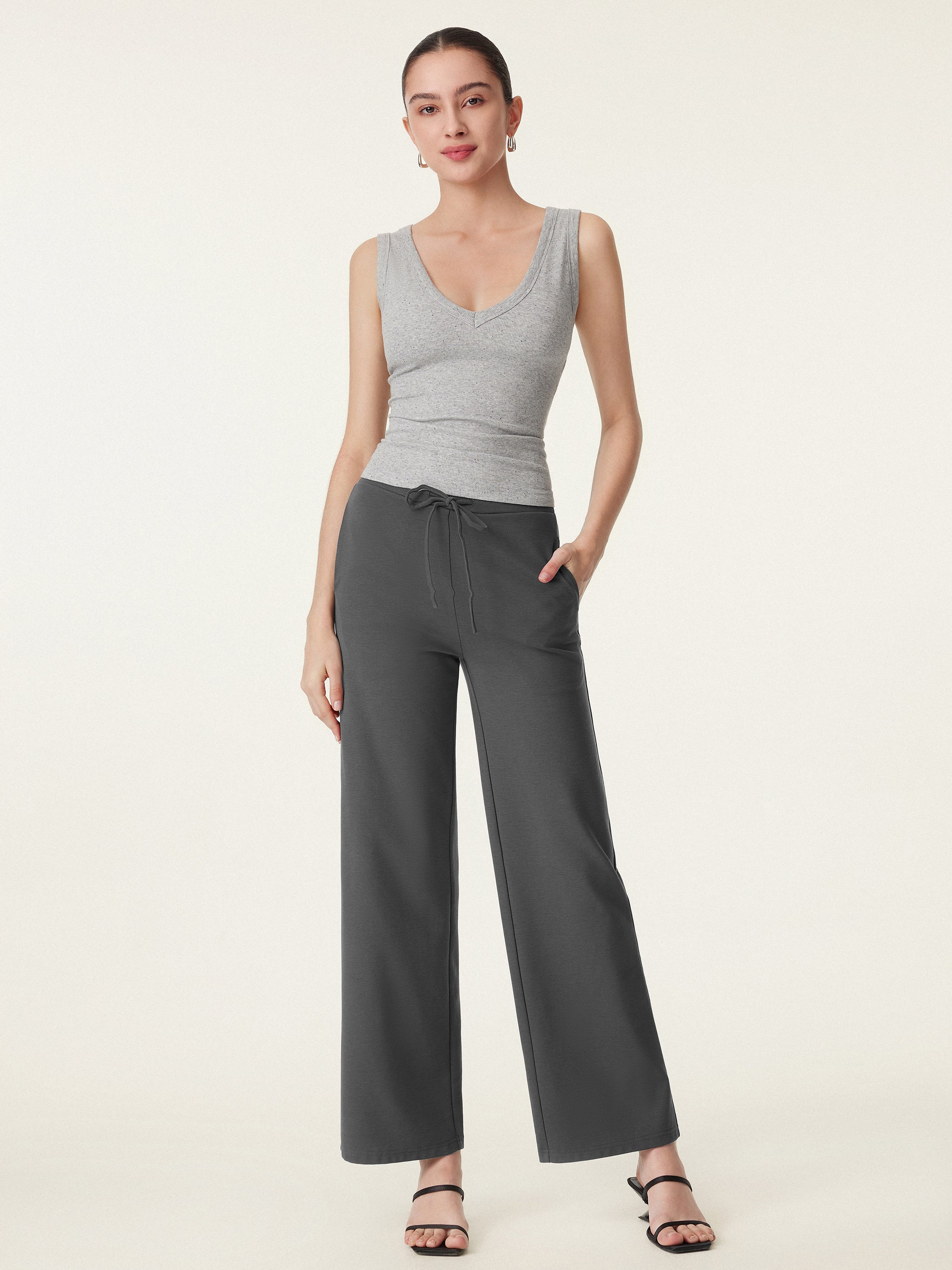 Mid Rise Drawstring Wide Leg Pant with Pockets