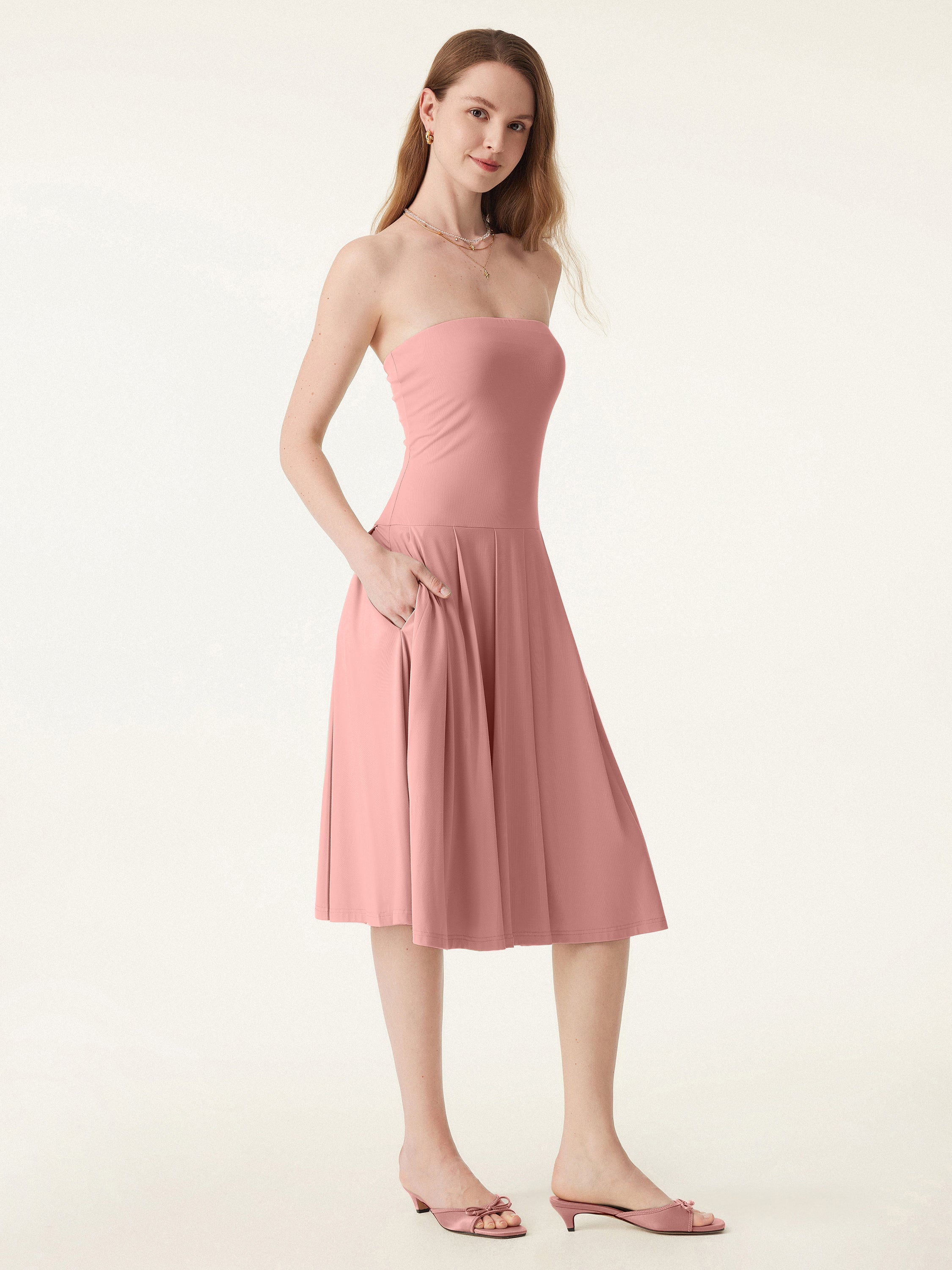 Strapless Pleated Midi Tube Brami Dress with Pockets