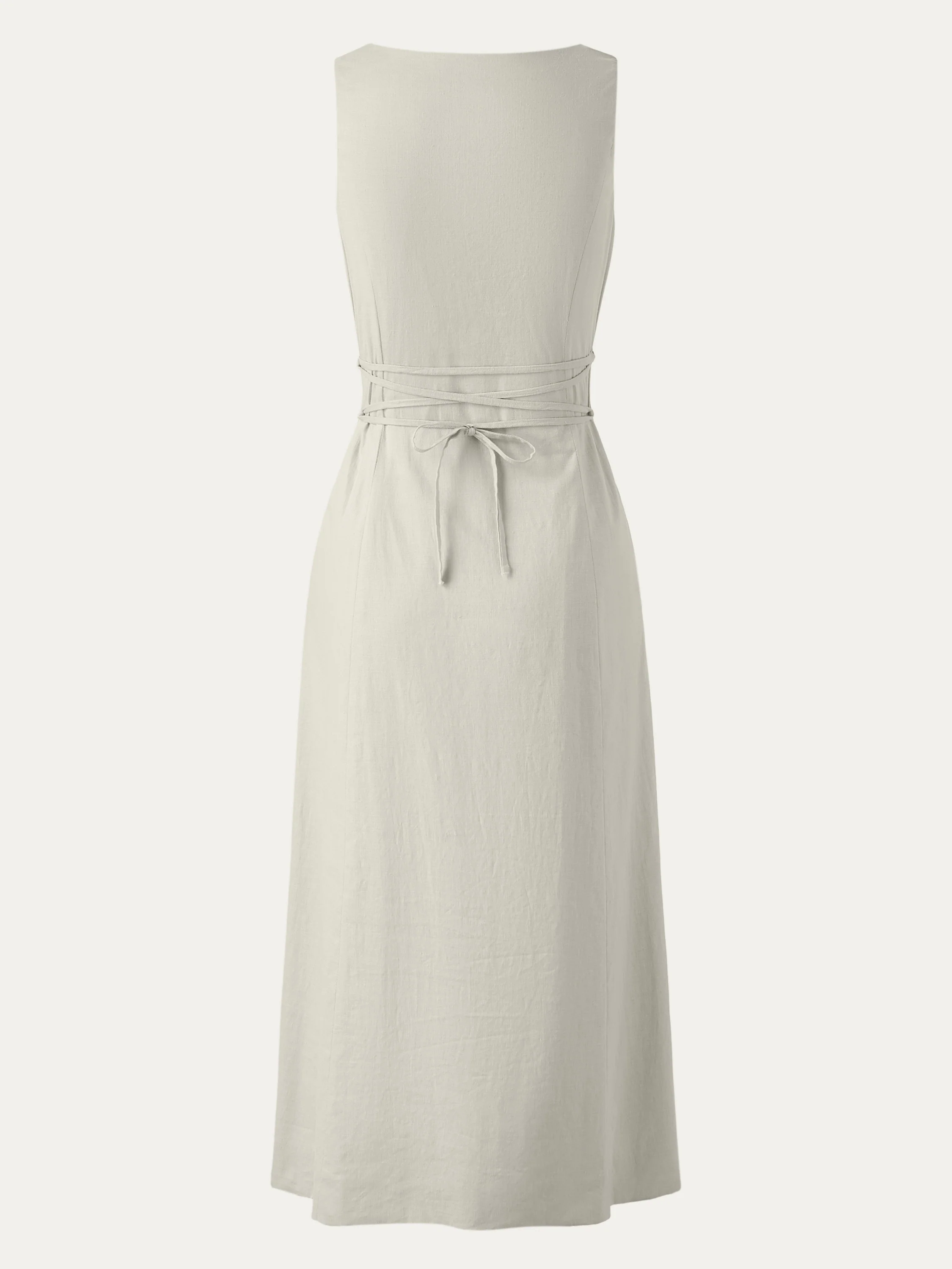 European Linen Waist-cinch Boatneck Button-up Midi Dress with Pockets