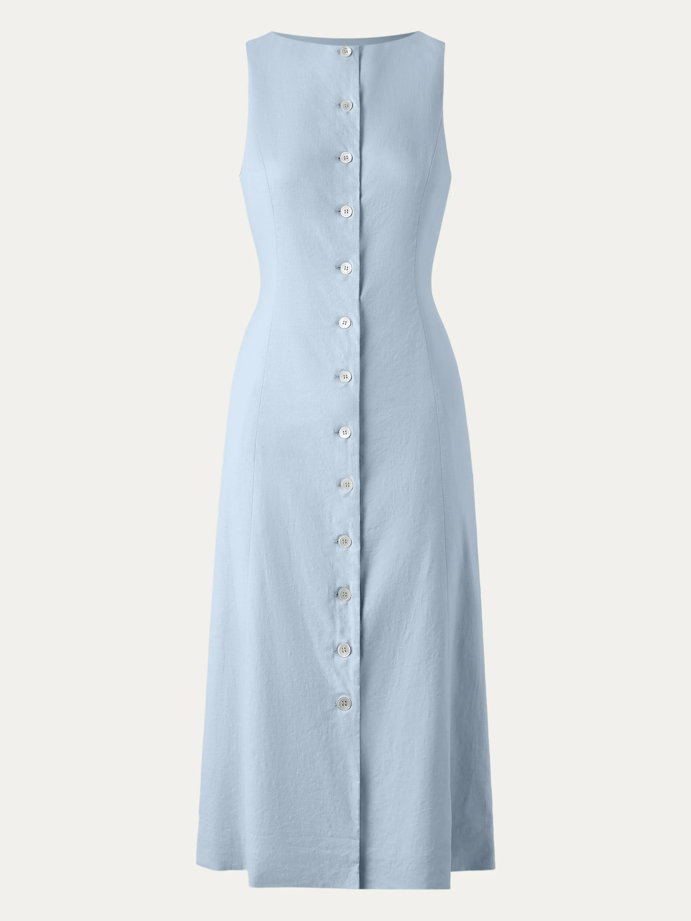European Linen Waist-cinch Boatneck Button-up Midi Dress with Pockets