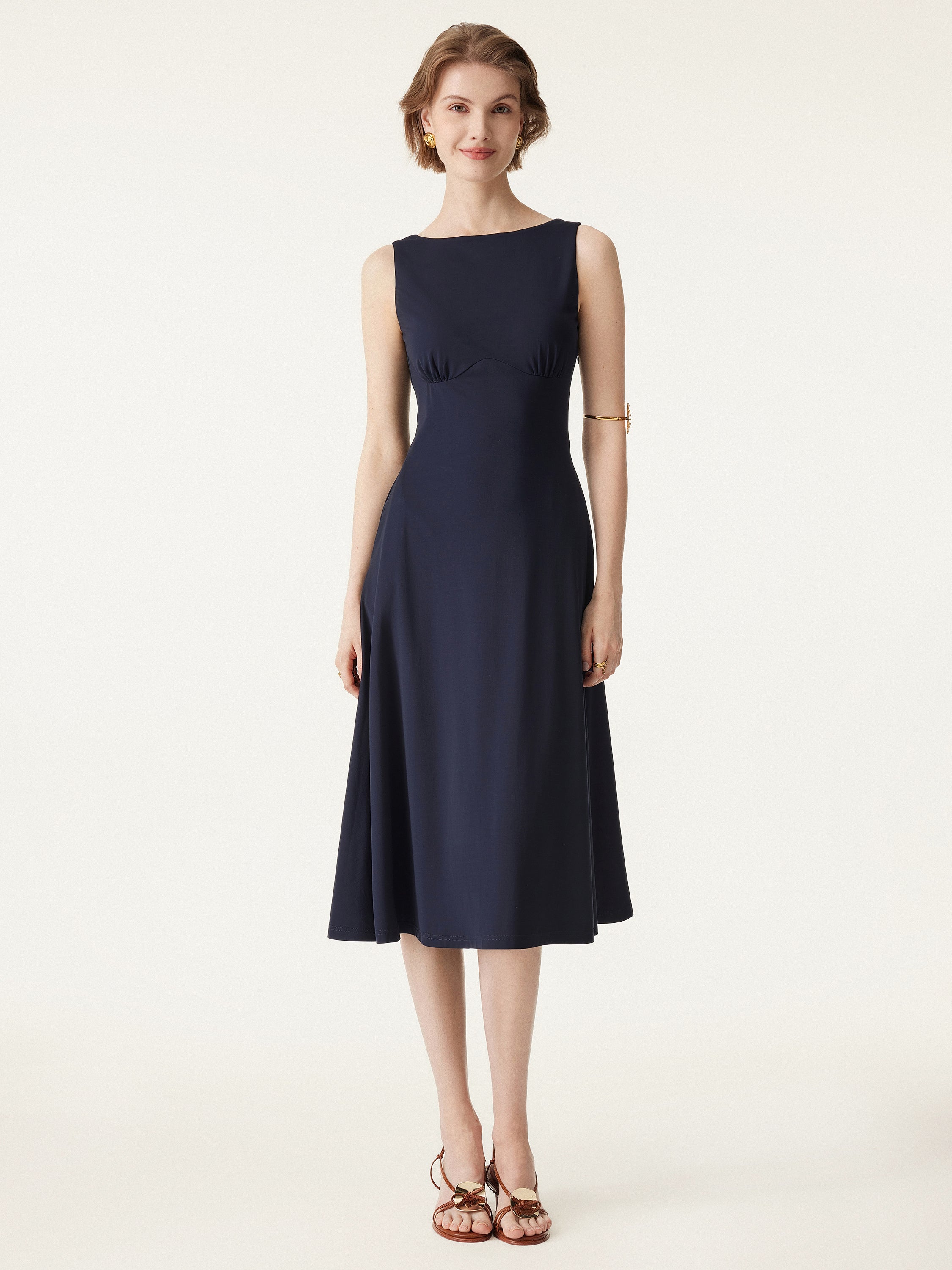 Boatneck Flared Midi Brami Dress with Pockets