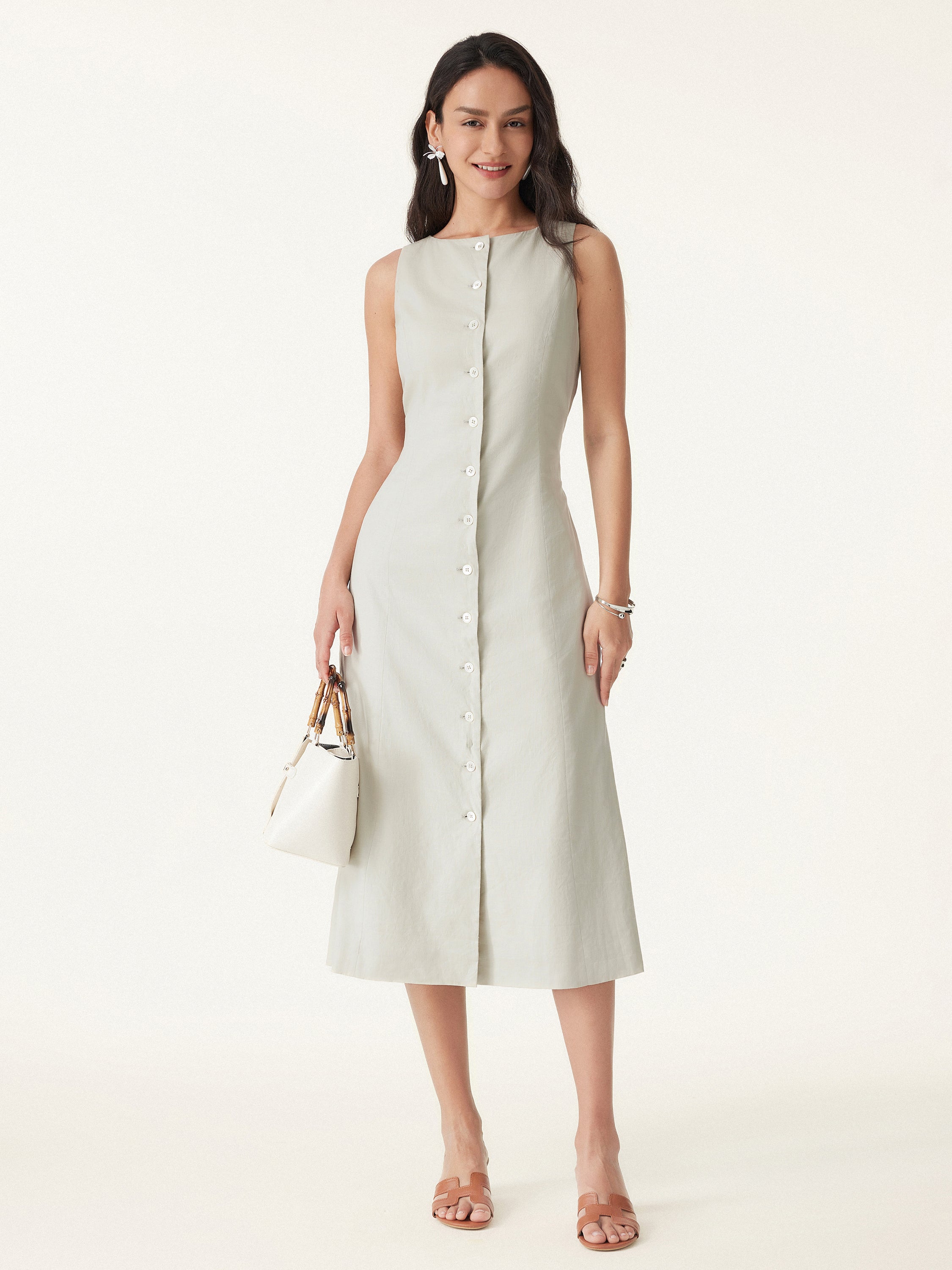 European Linen Waist-cinch Boatneck Button-up Midi Dress with Pockets