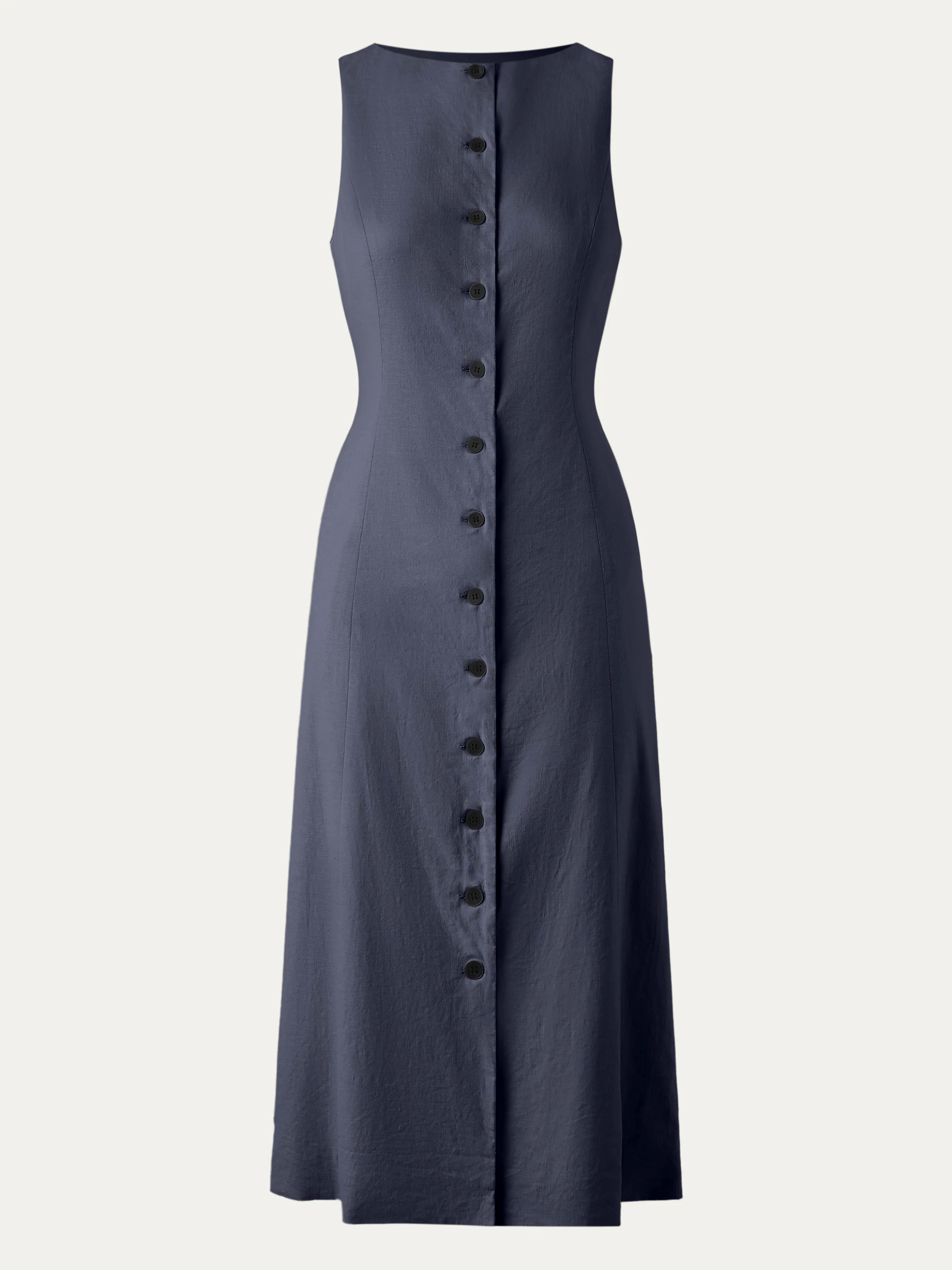 European Linen Waist-cinch Boatneck Button-up Midi Dress with Pockets