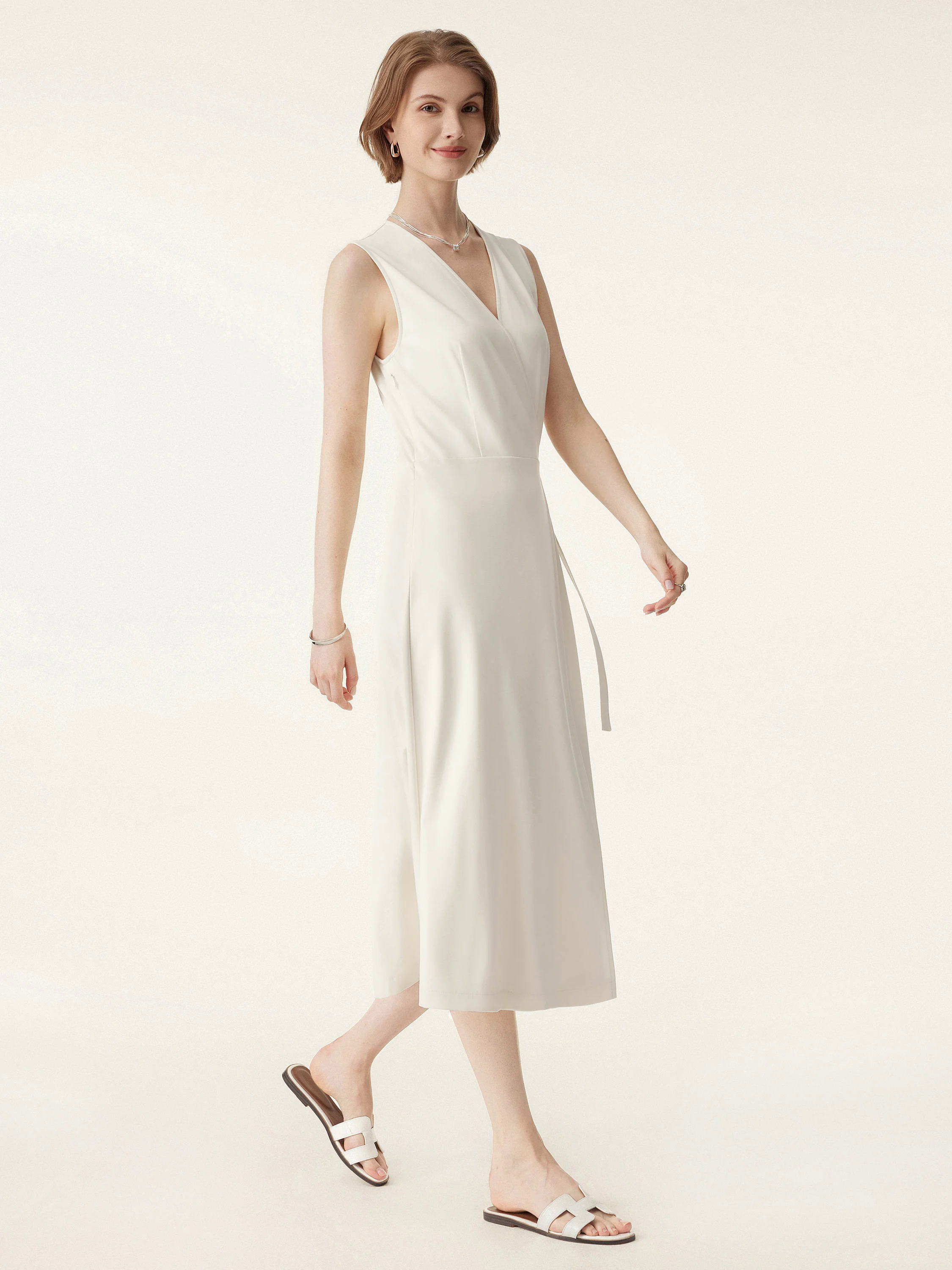 Surplice Adjustable Side-belt Midi Dress