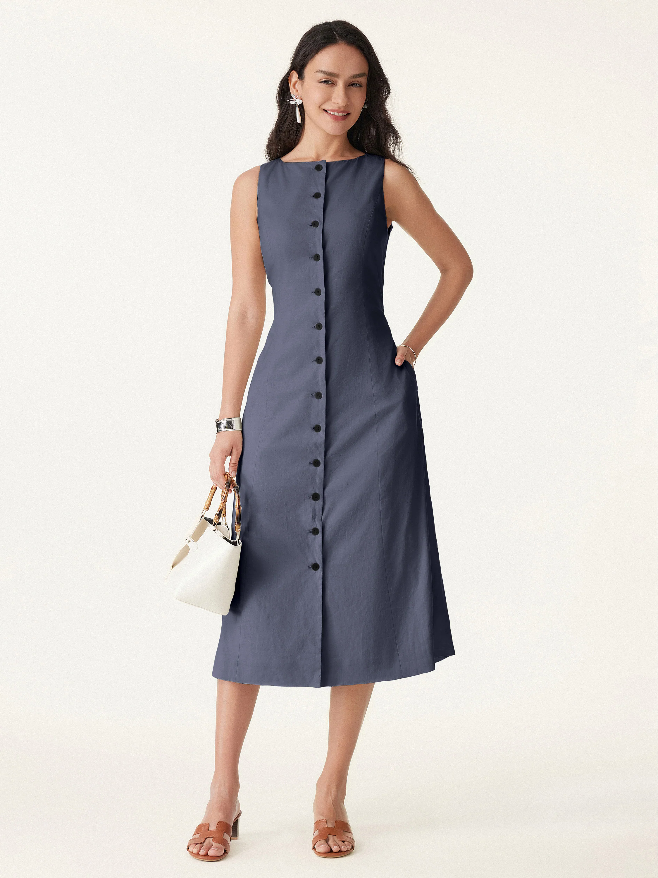 European Linen Waist-cinch Boatneck Button-up Midi Dress with Pockets