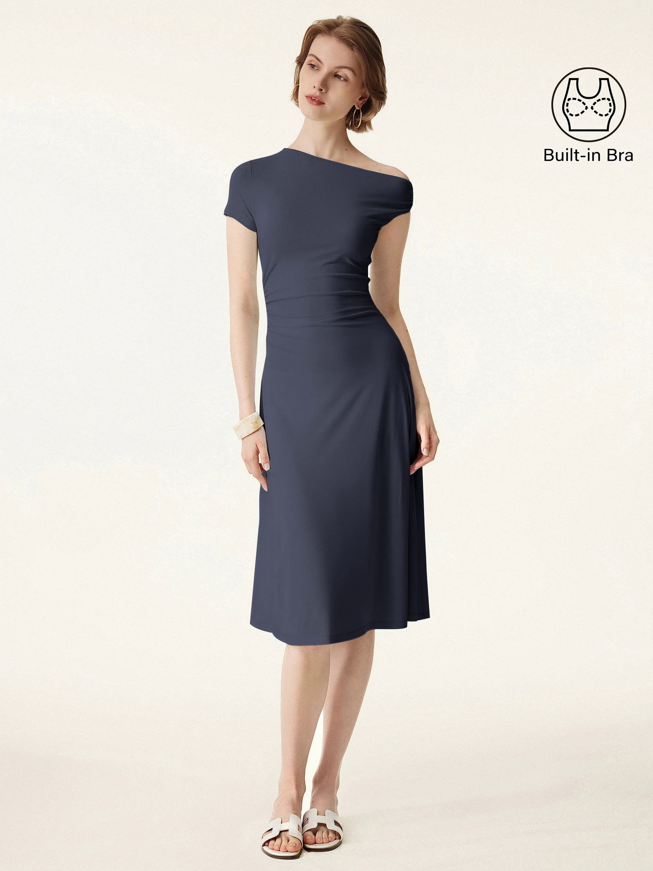 Asymmetrical Shoulder Side Ruched Midi Brami Dress