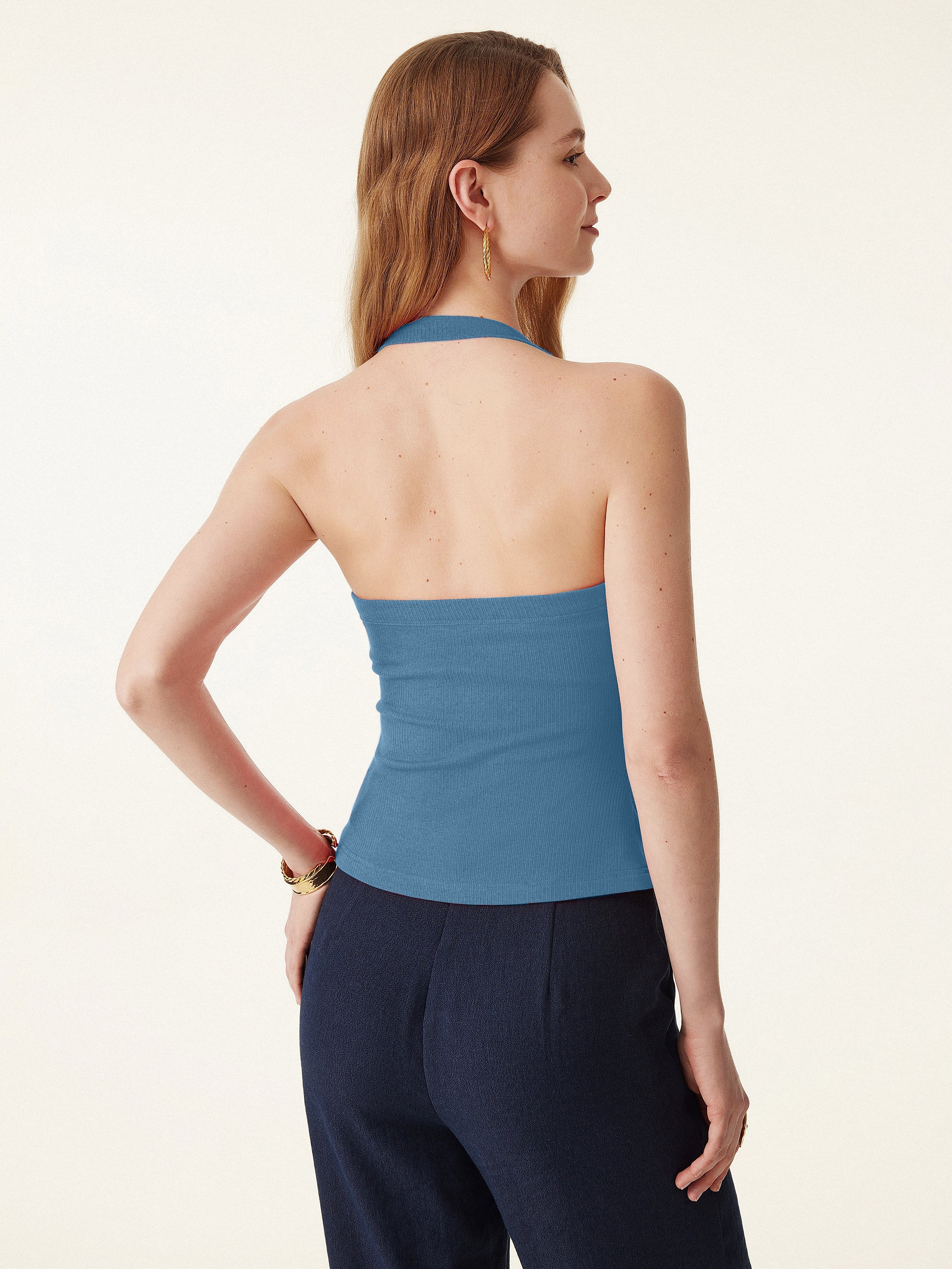 Halter Neck Side Ruched Ribbed Brami Tank