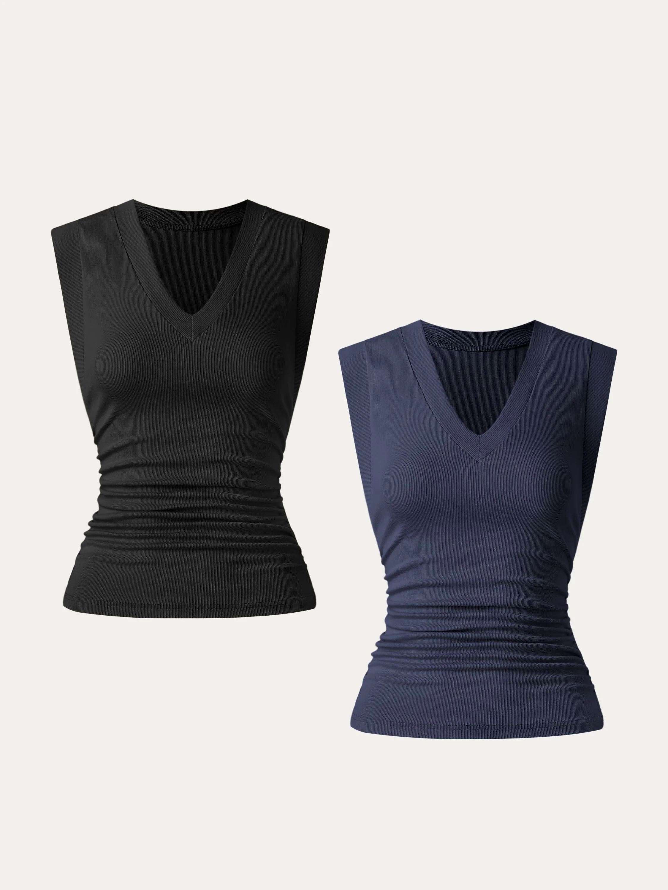 2Pcs Set Stretch Cotton V-neck Side Ruched Muscle Tee 2Pcs Set Stretch Cotton V-neck Side Ruched Muscle Tee