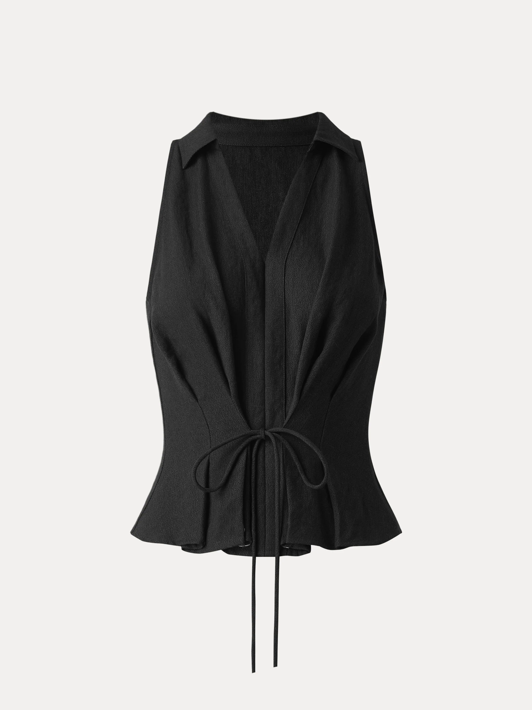 Collared V-neck Pleated Sleeveless Top with Drawstring