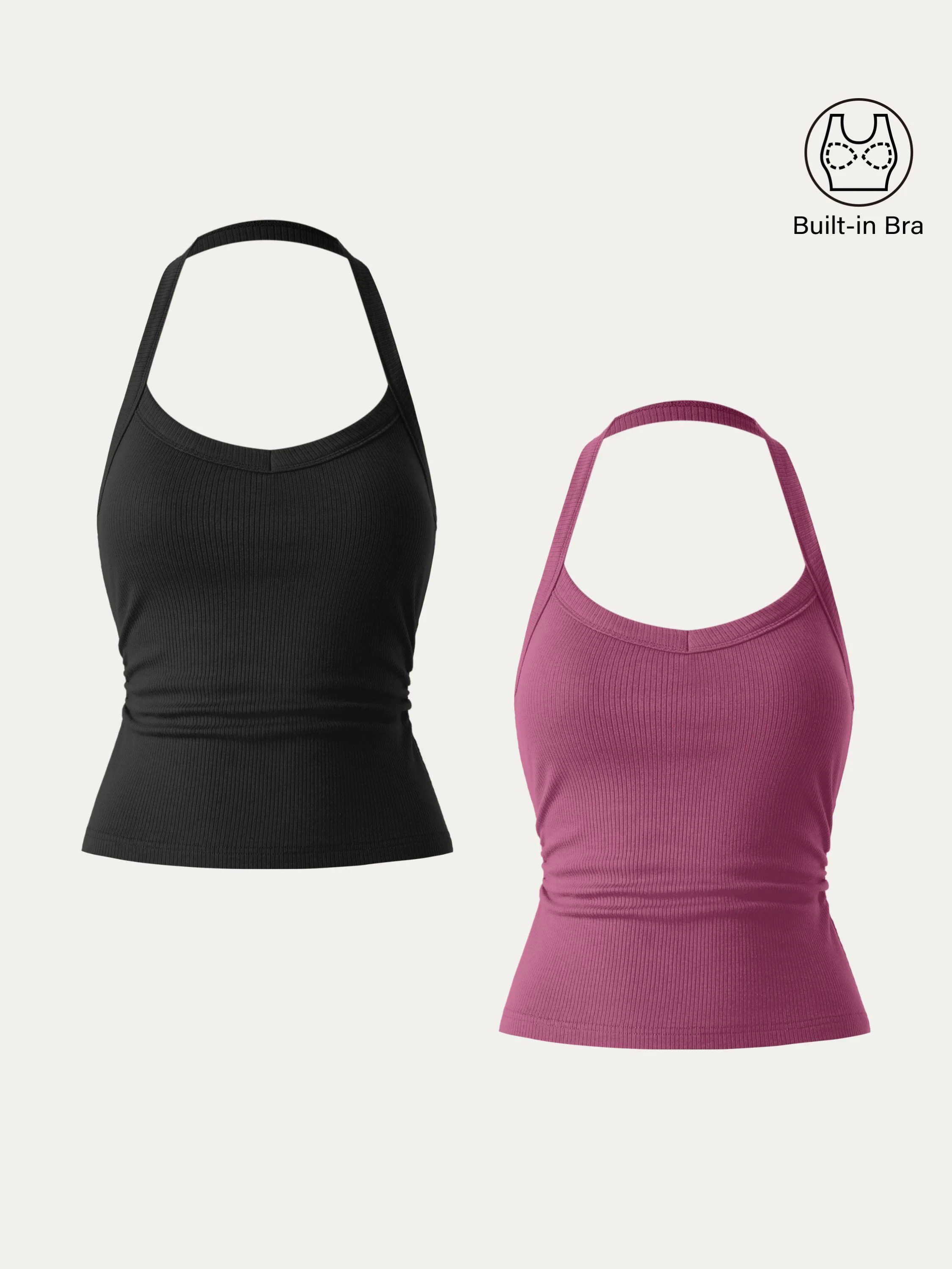 2Pcs Set Halter Neck Side Ruched Ribbed Brami Tank 2Pcs Set Halter Neck Side Ruched Ribbed Brami Tank