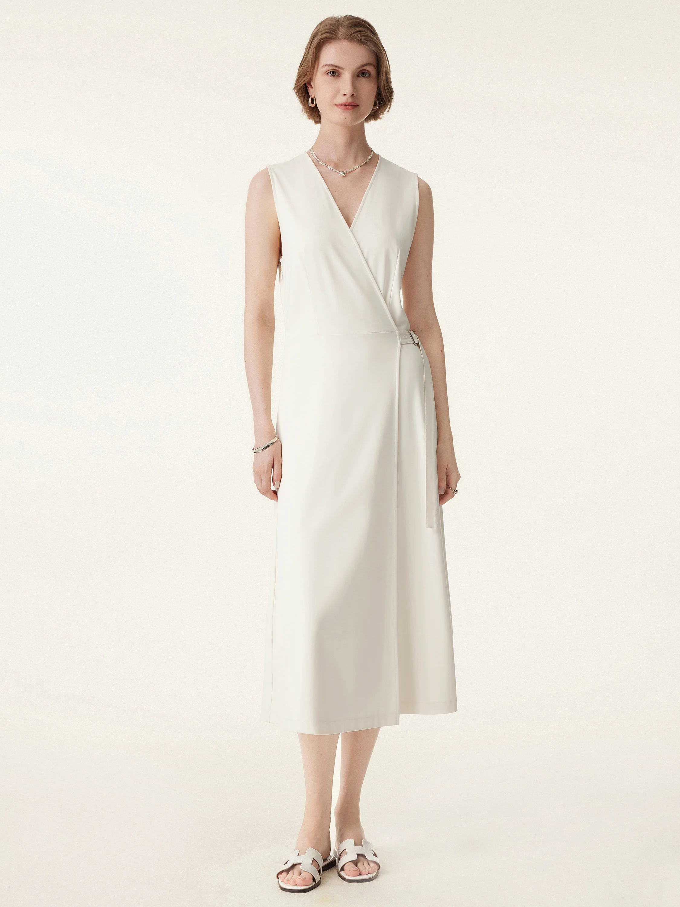 Surplice Adjustable Side-belt Midi Dress