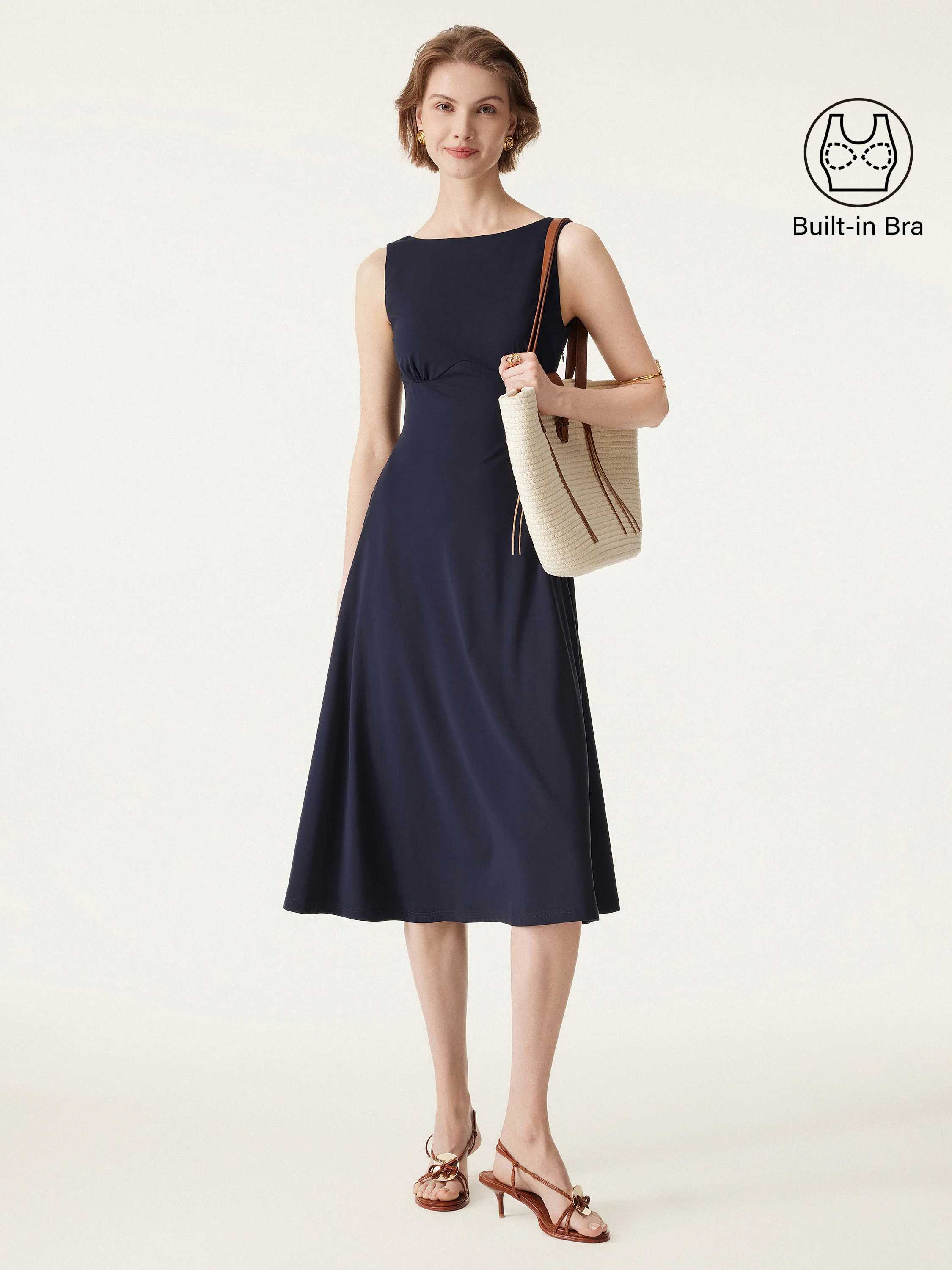 Boatneck Flared Midi Brami Dress with Pockets