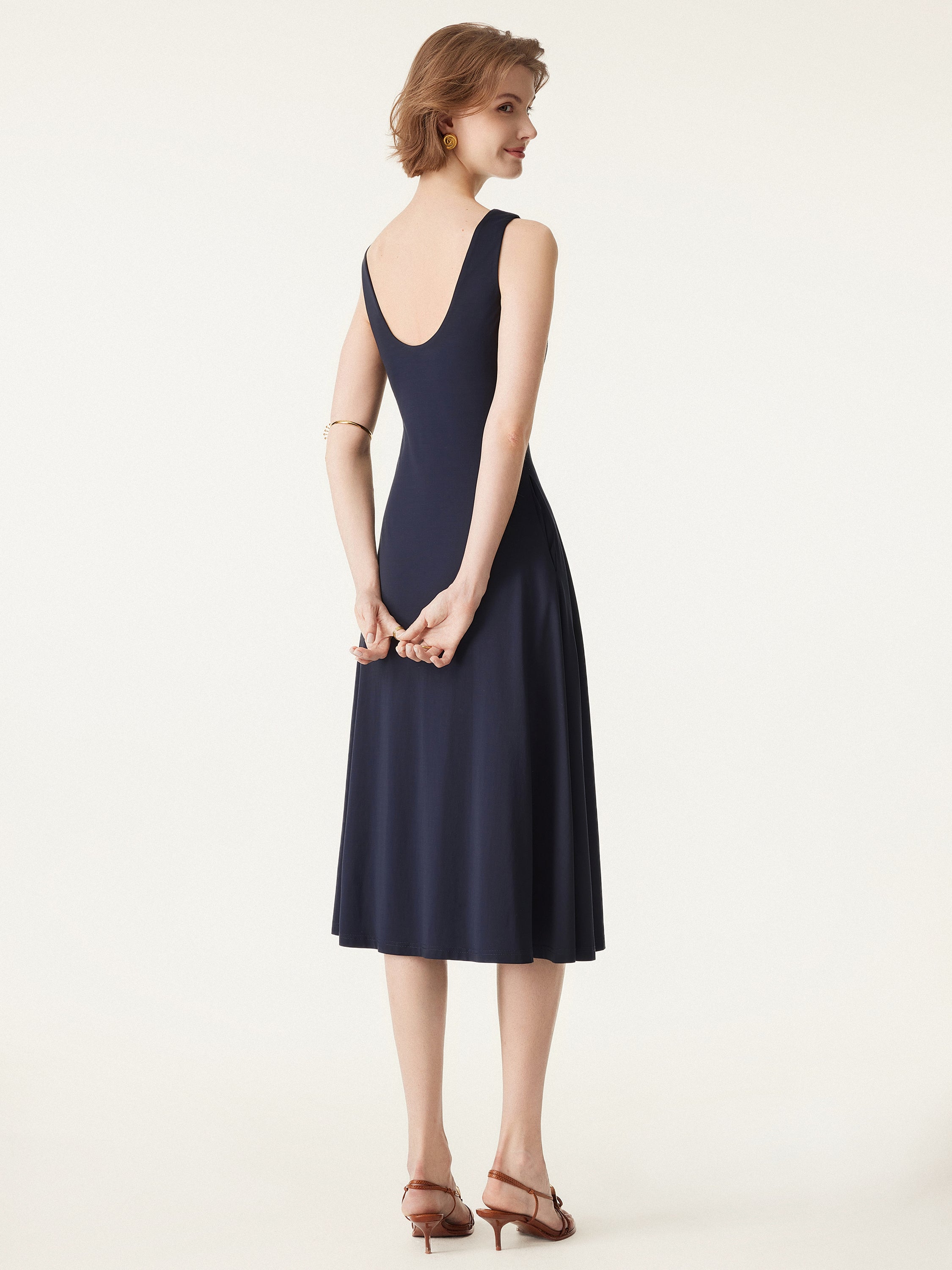 Boatneck Flared Midi Brami Dress with Pockets